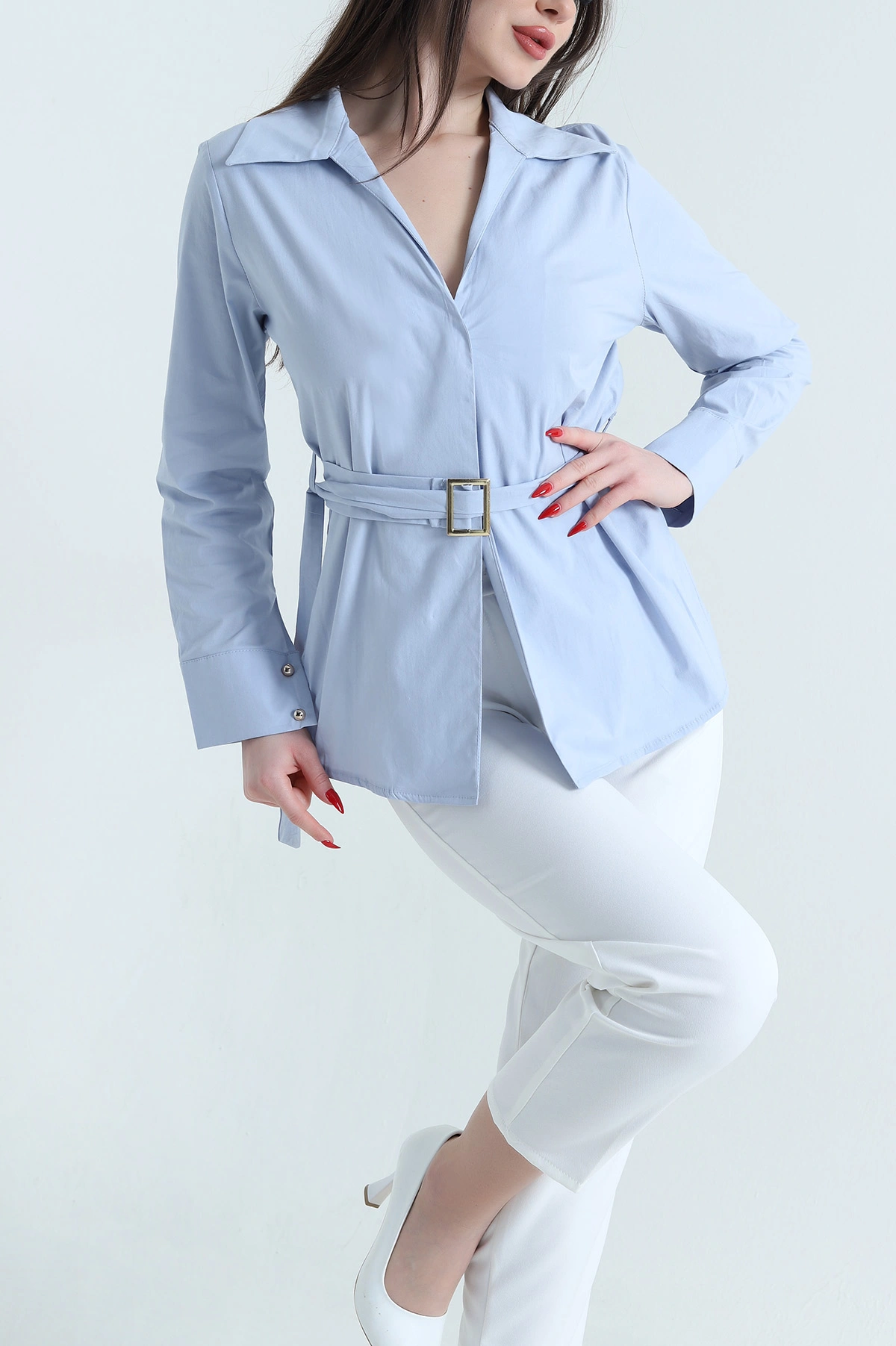 Bebe Mavisi Poplin Kruvaze Yaka Kadın Gömlek 442575