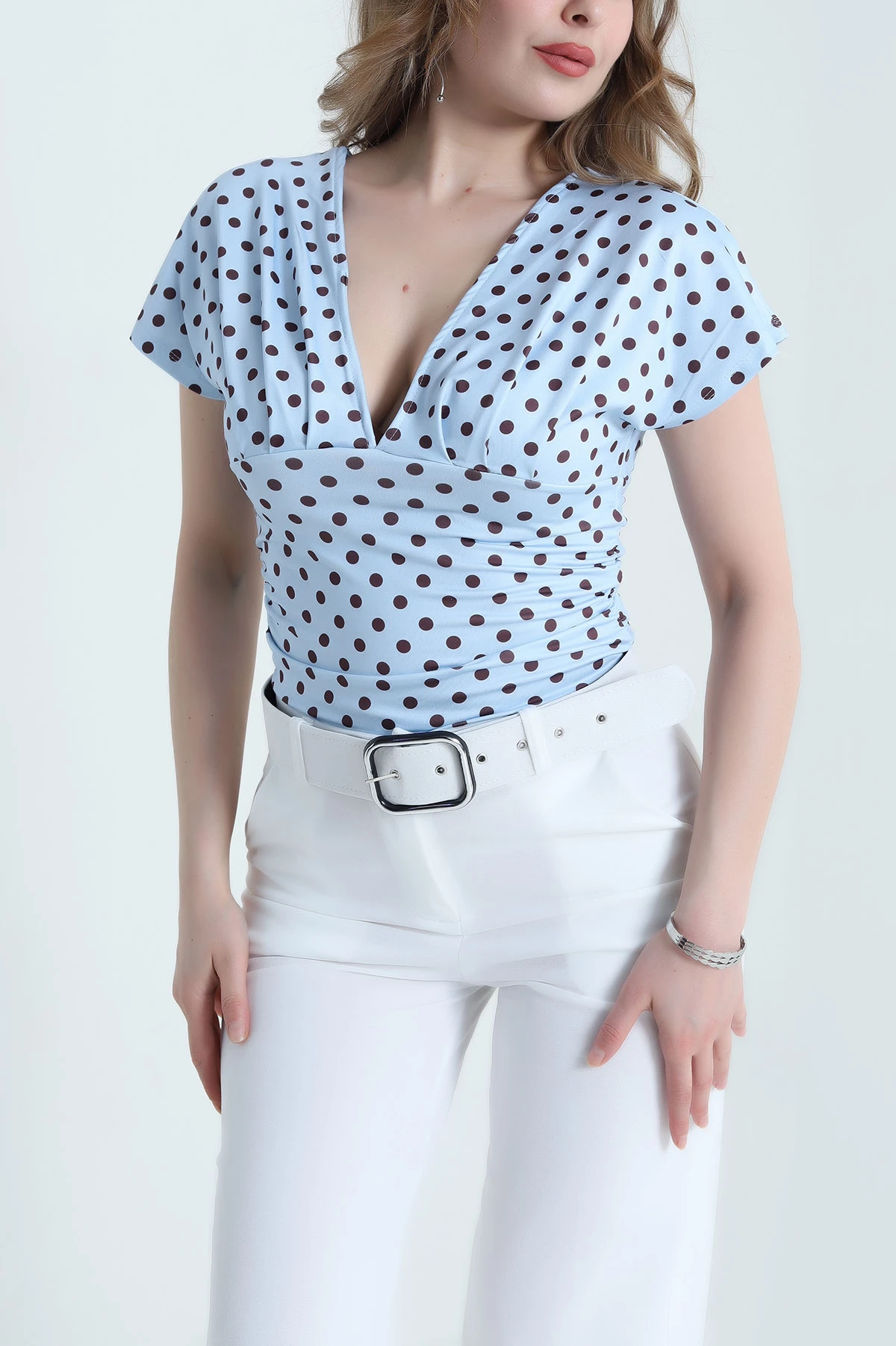 Bebe Mavisi Puantiyeli Bağlamalı Sandy Kadın Bluz 457094