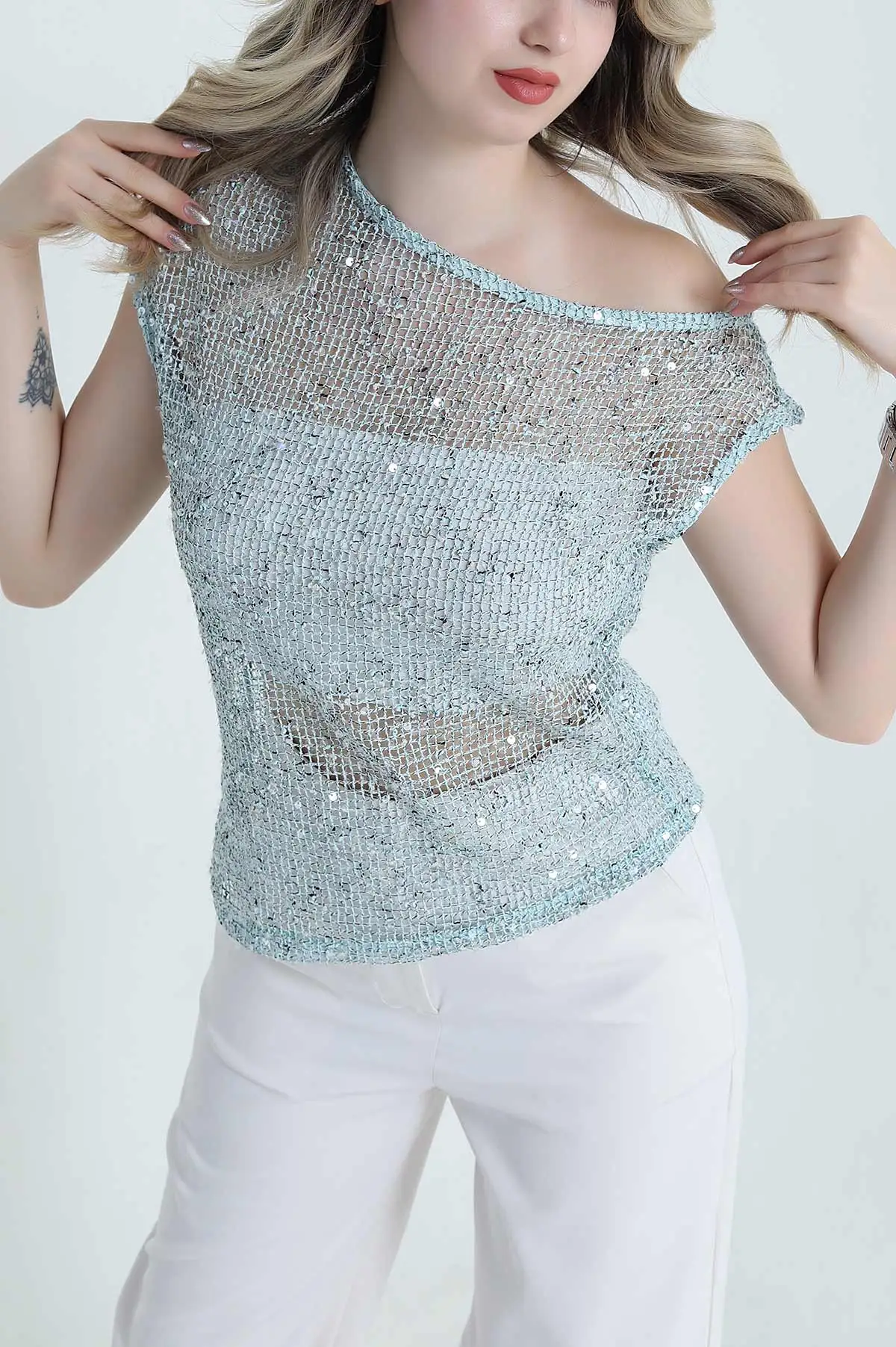 Bebe Mavisi Pullu File Detay Kadın Bluz 471103