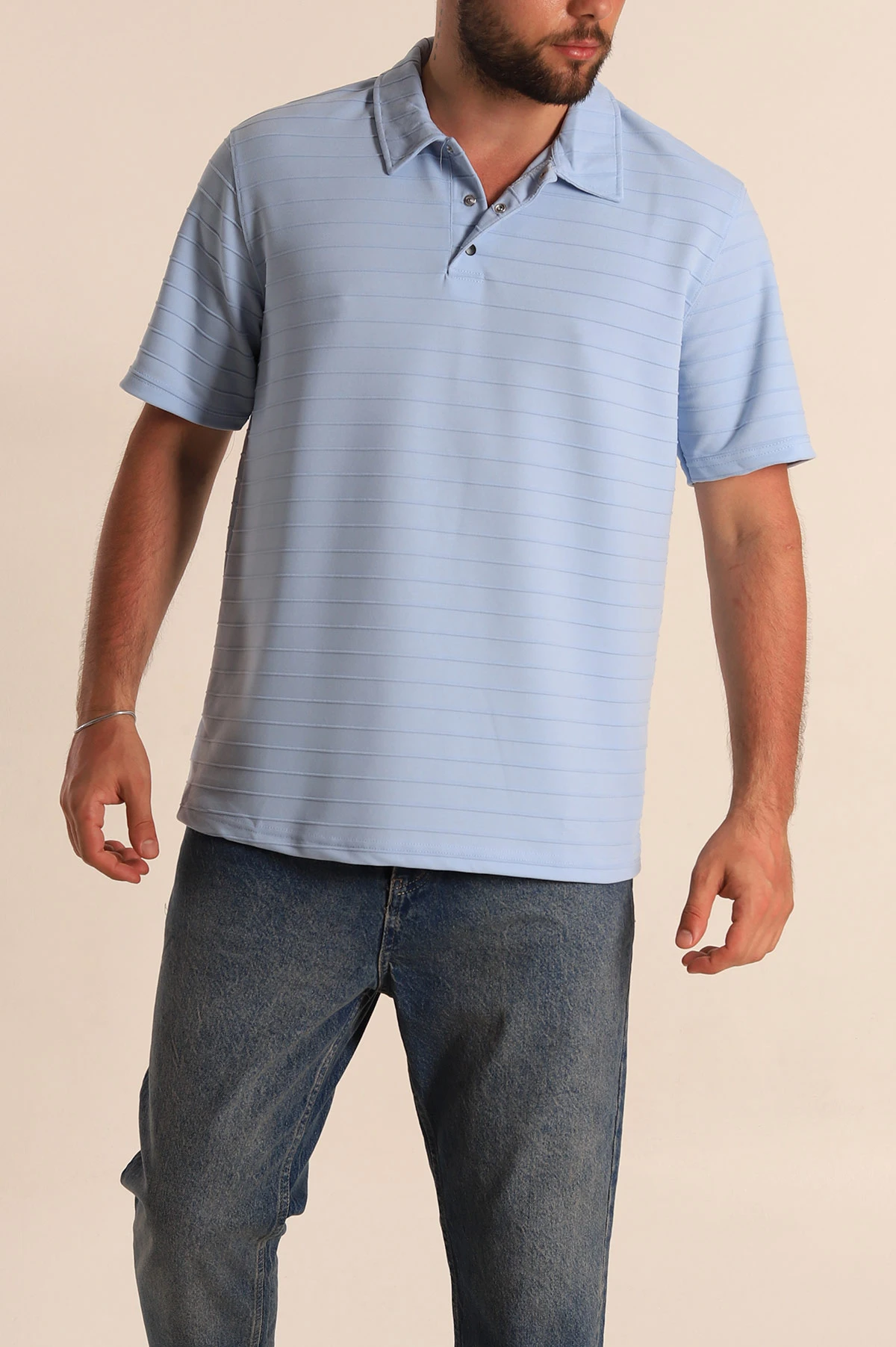 Bebe Mavisi Regular Fit Çizgi Dokulu Düğmeli Polo Yaka Erkek Tişört 276676