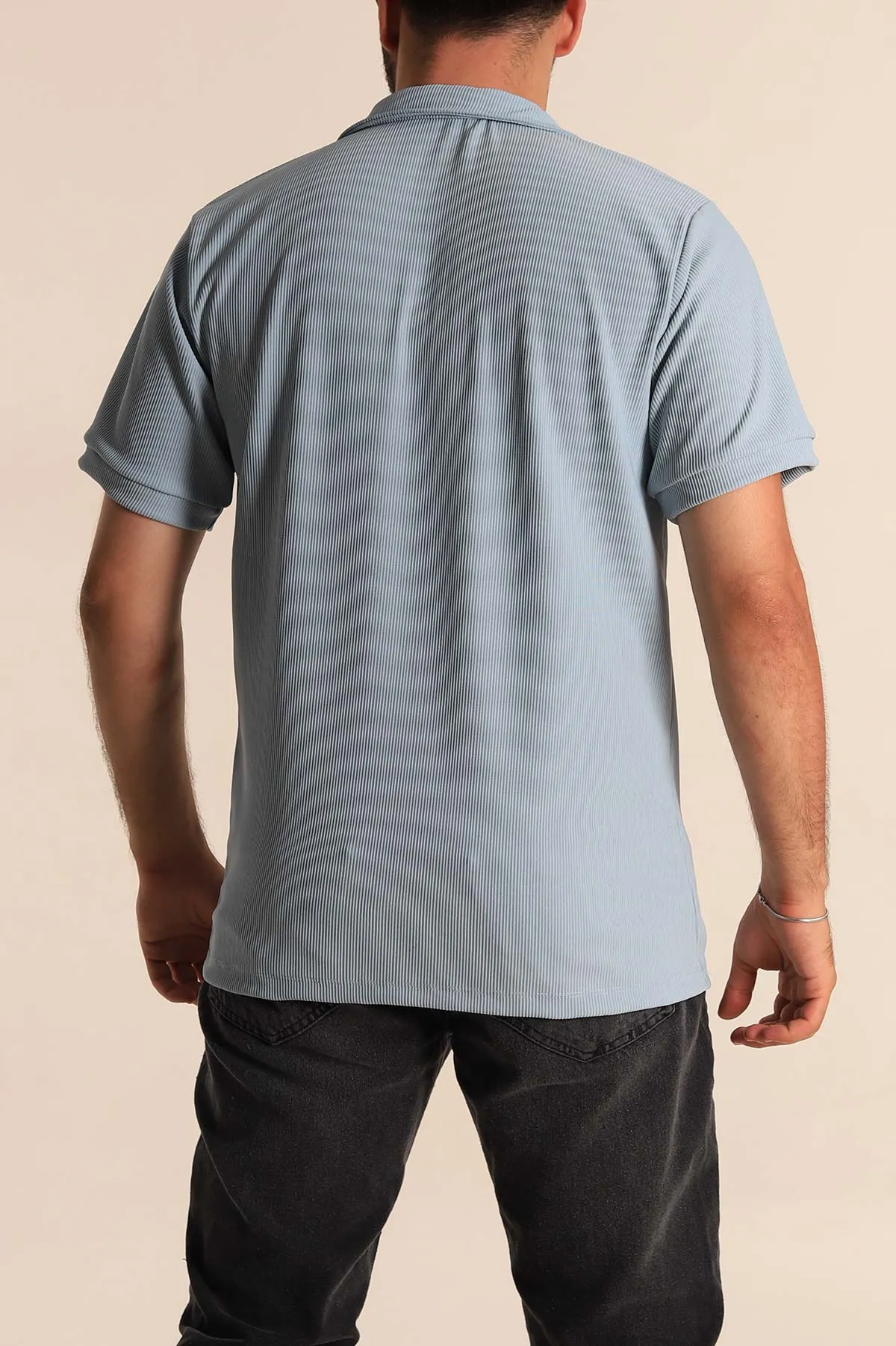 Bebe Mavisi Regular Fit Çizgi Dokulu Fermuarlı Polo Yaka Erkek Tişört 277169