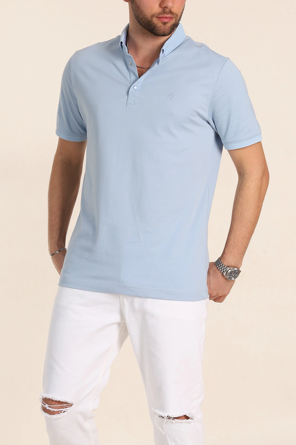 Bebe Mavisi Regular Fit Dokulu Polo Yaka Erkek Tişört 342501