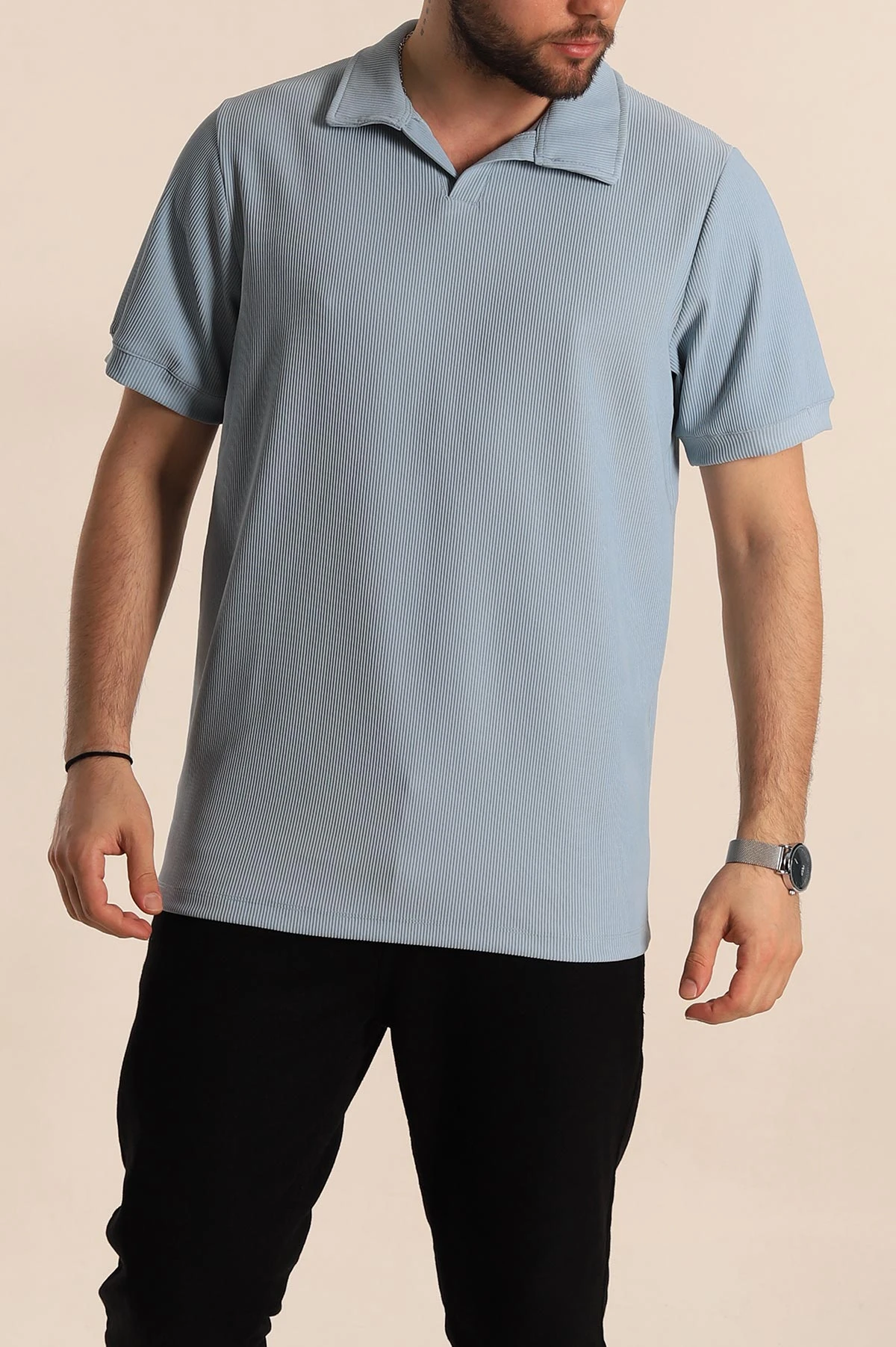 Bebe Mavisi Regular Fit Fitilli Doku Patlı Polo Yaka Erkek Tişört 270583