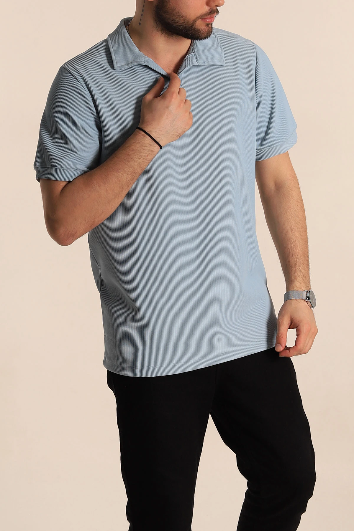 Bebe Mavisi Regular Fit Fitilli Doku Patlı Polo Yaka Erkek Tişört 270583