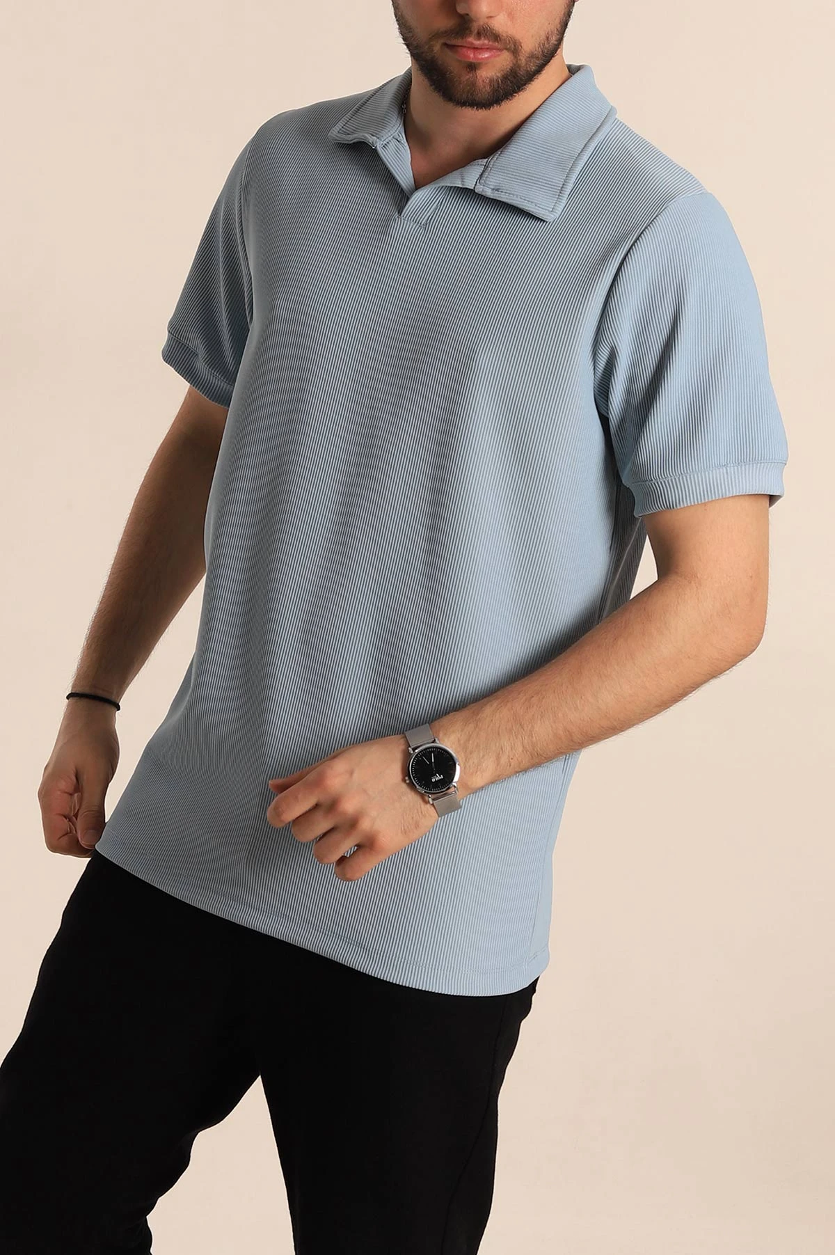 Bebe Mavisi Regular Fit Fitilli Doku Patlı Polo Yaka Erkek Tişört 270583