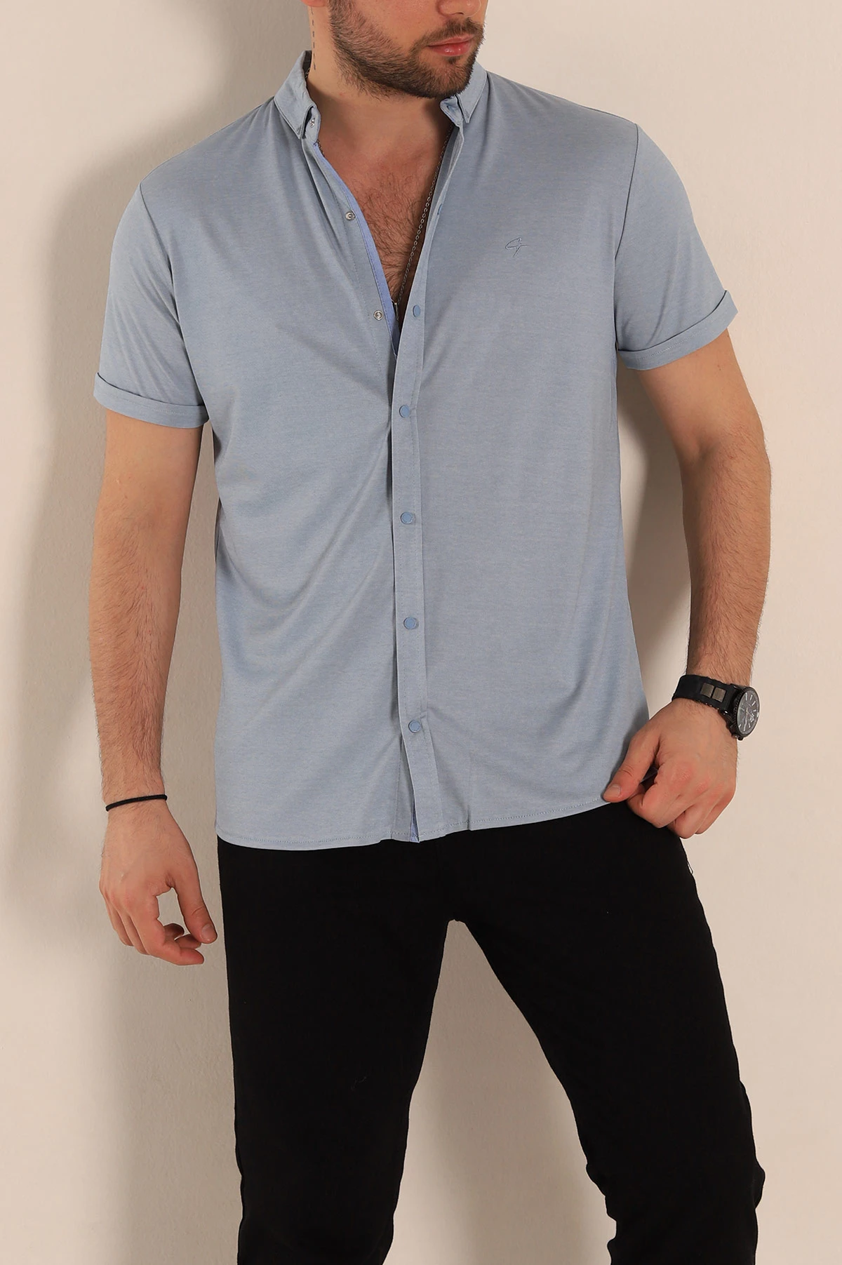 Bebe Mavisi Regular Fit Jakarlı Çıt Çıt Düğmeli Kısa Kollu Erkek Gömlek 267973