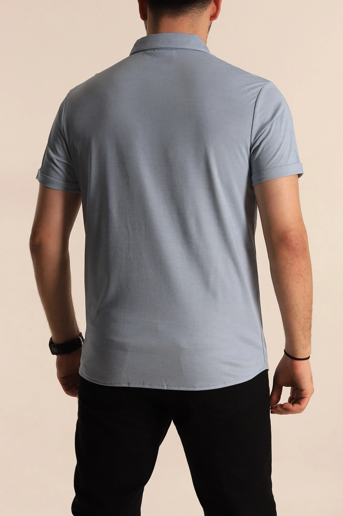 Bebe Mavisi Regular Fit Jakarlı Çıt Çıt Düğmeli Kısa Kollu Erkek Gömlek 267973