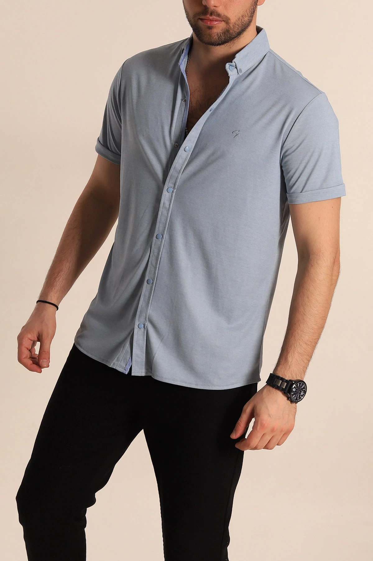 Bebe Mavisi Regular Fit Jakarlı Çıt Çıt Düğmeli Kısa Kollu Erkek Gömlek 267973
