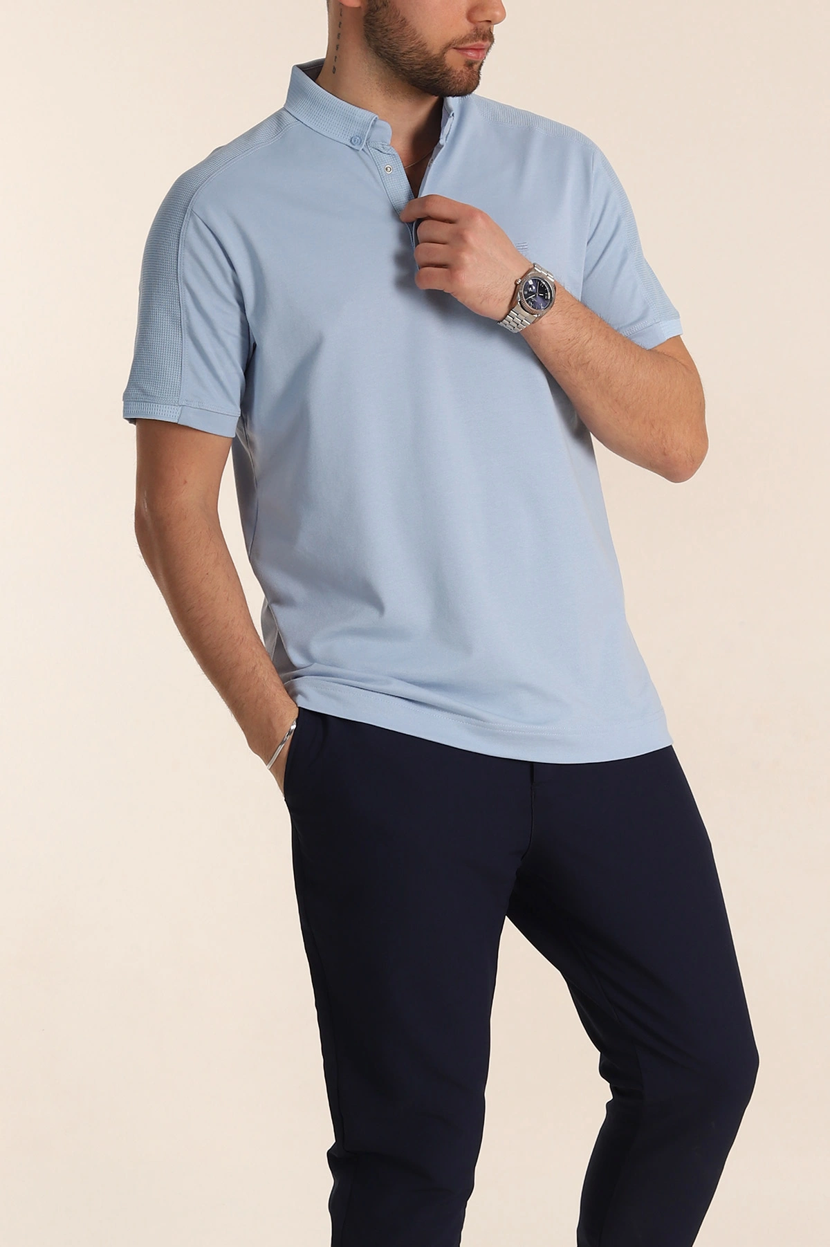 Bebe Mavisi Regular Fit Parçalı Polo Yaka Erkek Tişört 346734