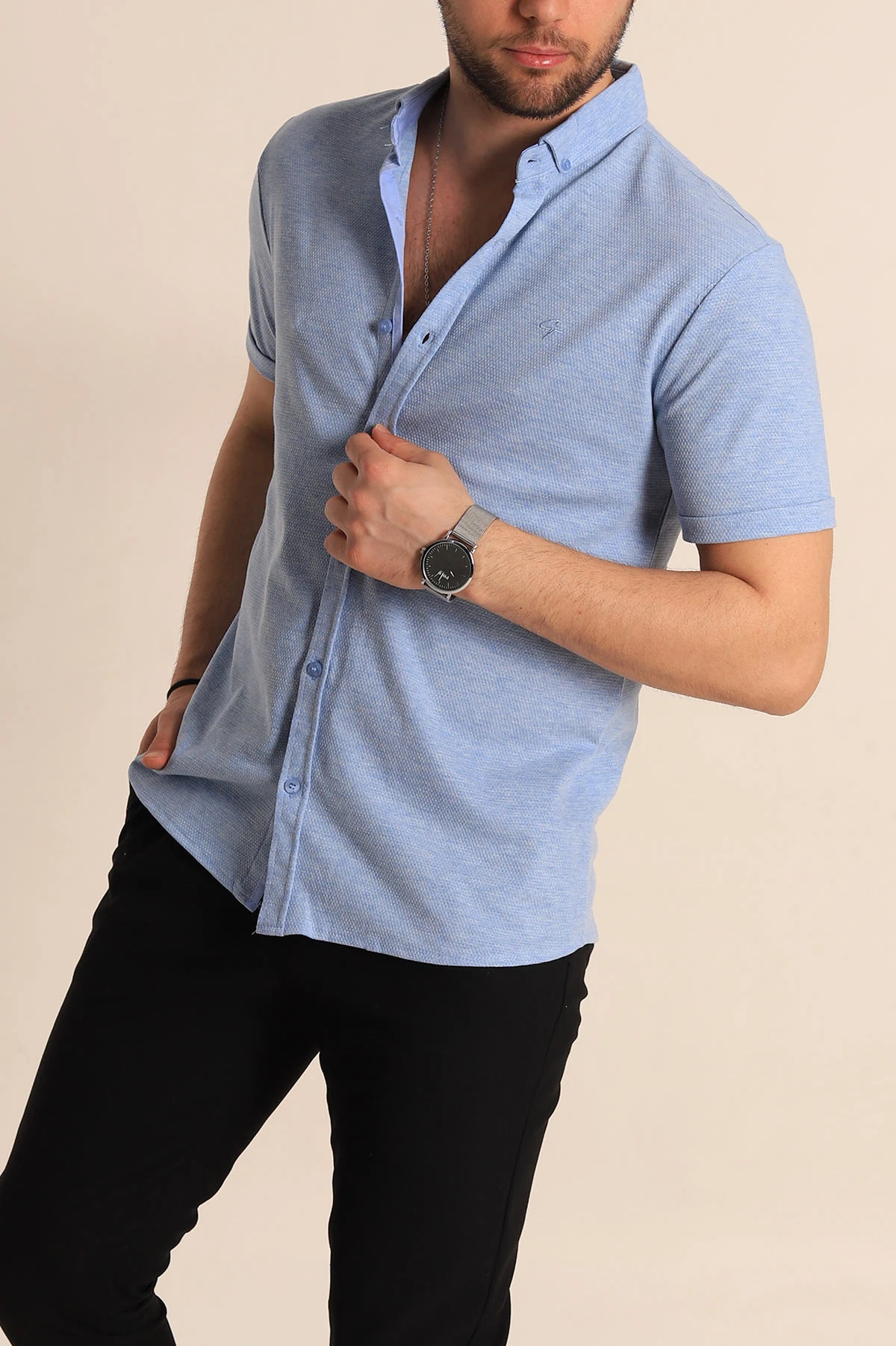 Bebe Mavisi Regular Fit Petek Dokulu Kısa Kollu Erkek Gömlek 263719