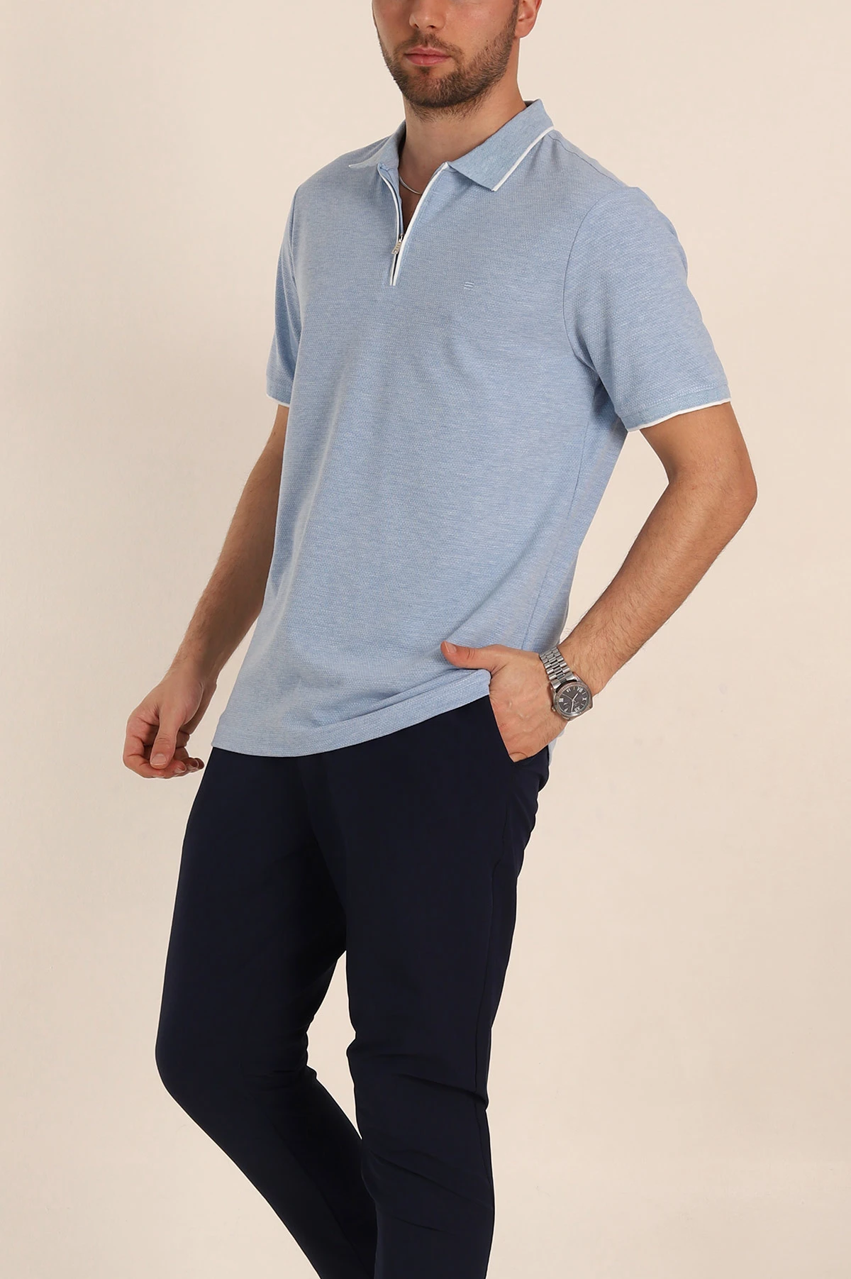 Bebe Mavisi Regular Fit Petek Dokulu Polo Yaka Erkek Tişört 349901