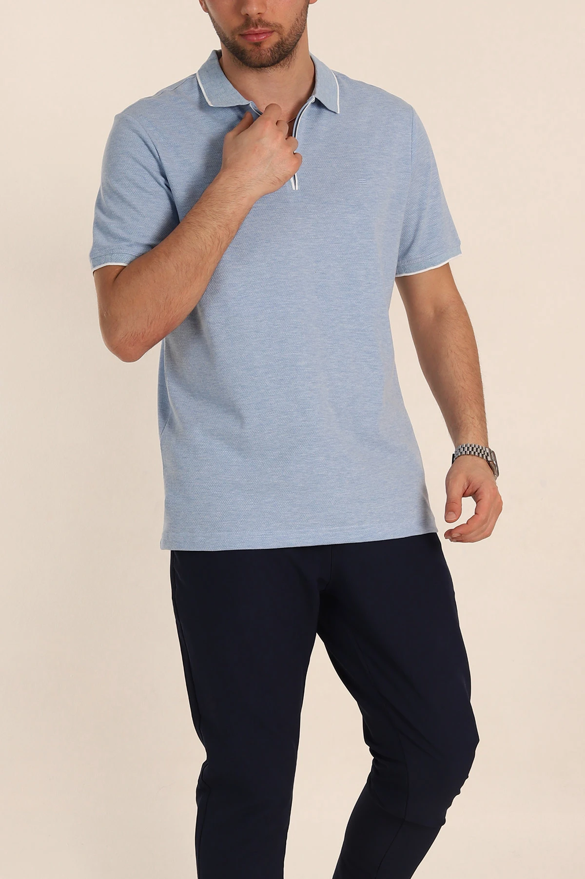 Bebe Mavisi Regular Fit Petek Dokulu Polo Yaka Erkek Tişört 349901