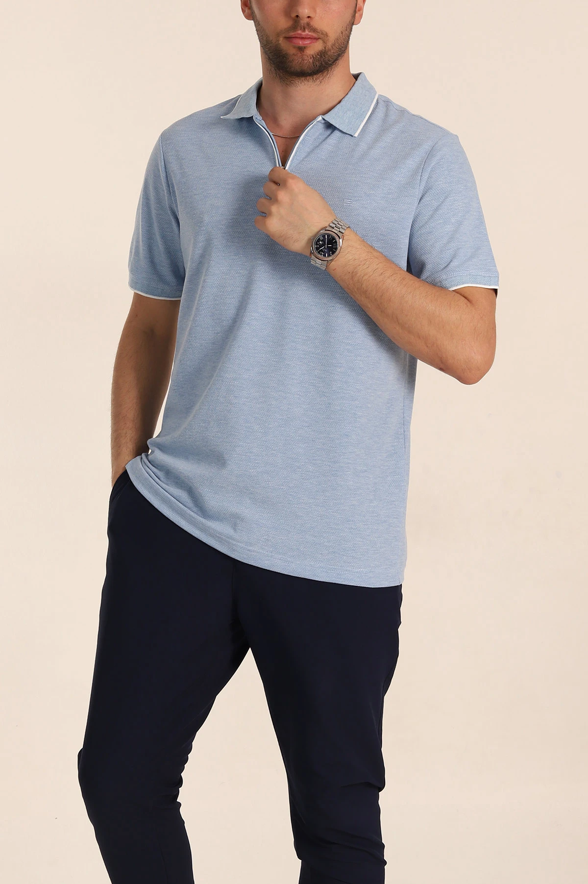 Bebe Mavisi Regular Fit Petek Dokulu Polo Yaka Erkek Tişört 349901