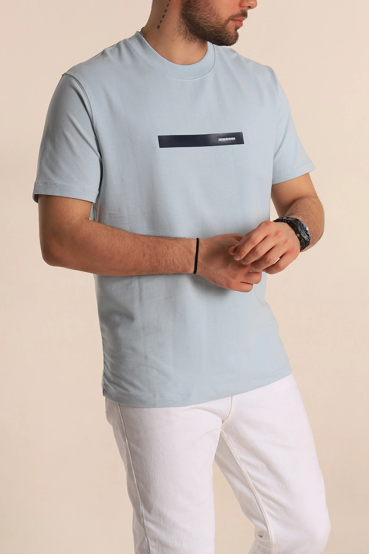 Bebe Mavisi Regular Fit Plastik Baskı Detaylı Erkek Tişört 268117