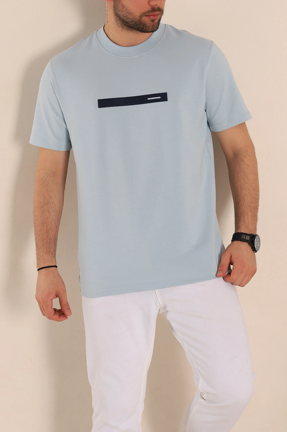 Bebe Mavisi Regular Fit Plastik Baskı Detaylı Erkek Tişört 268117