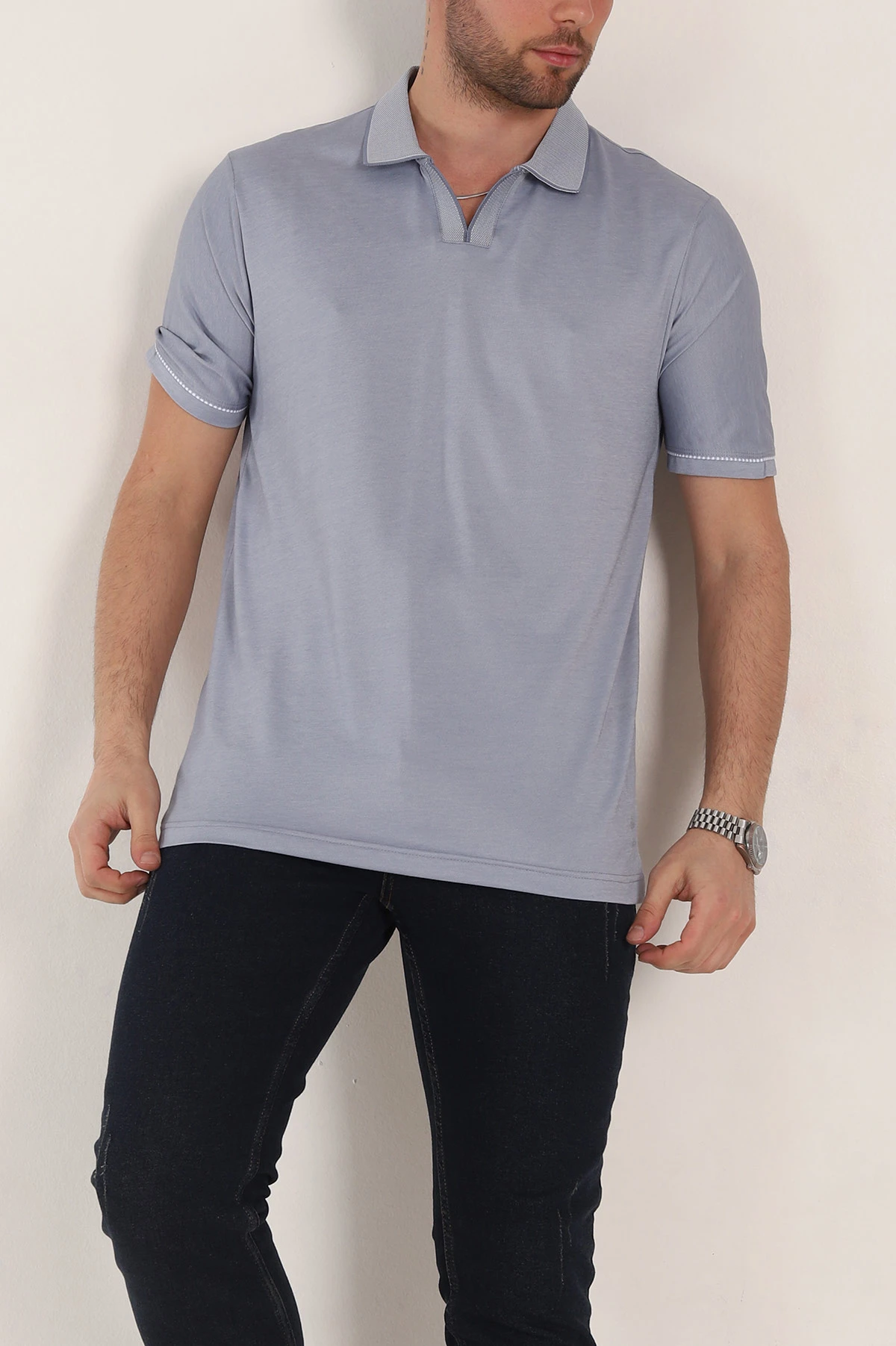 Bebe Mavisi Regular Fit V Patlı Polo Yaka Erkek Tişört 349814