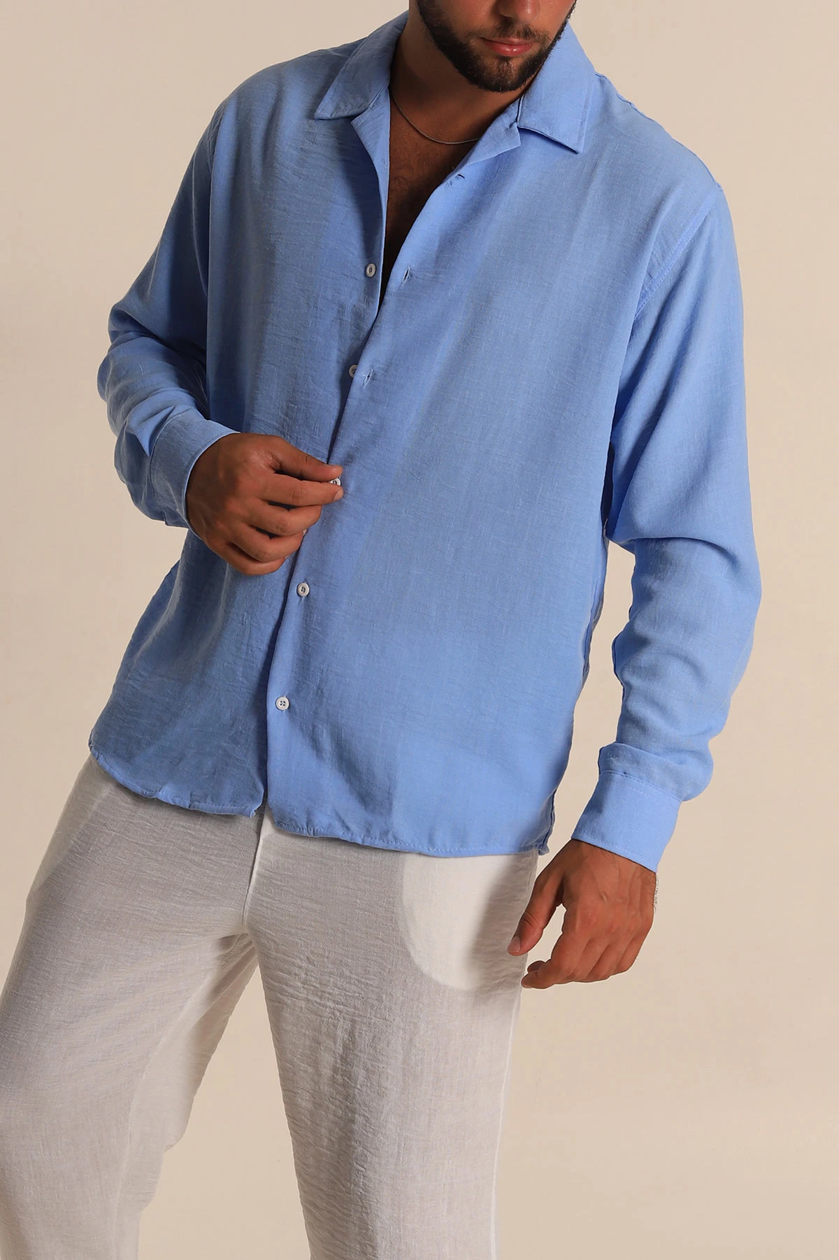 Bebe Mavisi Relaxed Fit Bambu Keten Apaş Yaka Erkek Gömlek 285495