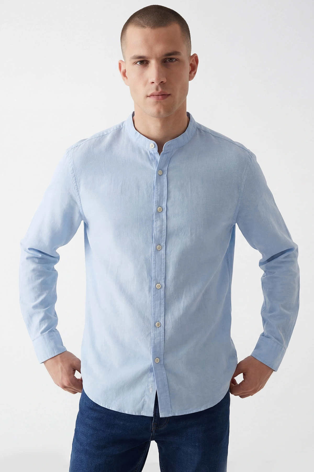 Bebe Mavisi Relaxed Fit Hakim Yaka Uzun Kollu Erkek Gömlek 445649