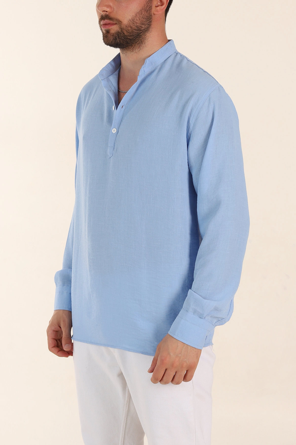 Bebe Mavisi Relaxed Fit Hakim Yaka Yarım Düğmeli Erkek Gömlek 369859
