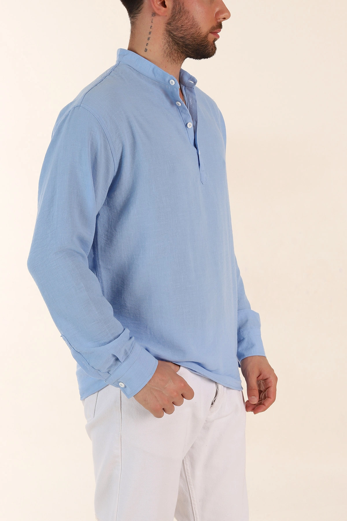 Bebe Mavisi Relaxed Fit Hakim Yaka Yarım Düğmeli Erkek Gömlek 369859
