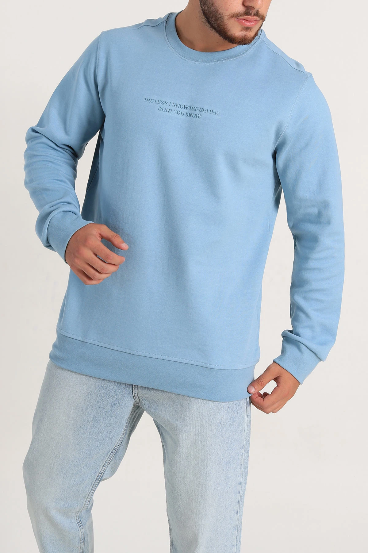 Bebe Mavisi Relaxed Fit İki İp Yazı Detaylı Basic Erkek Sweatshirt 299867