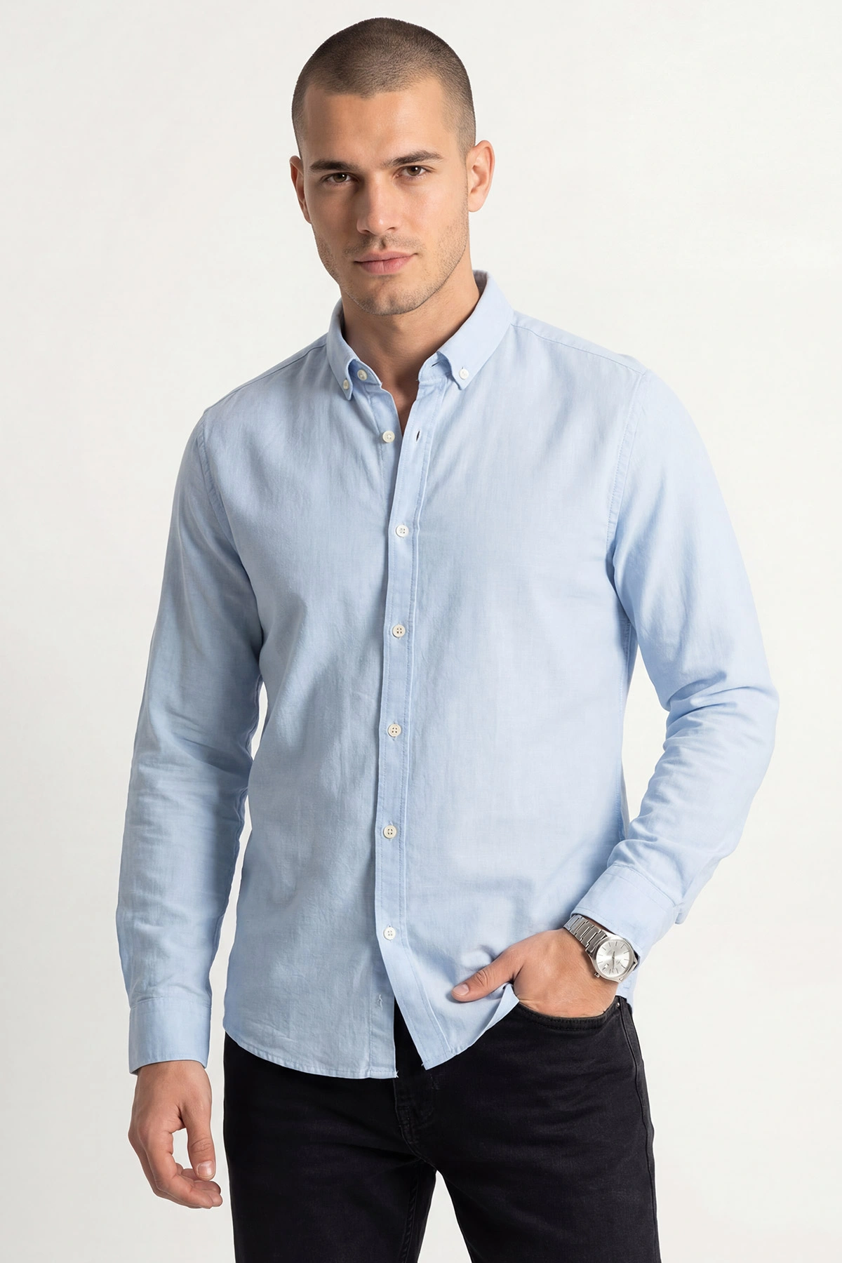 Bebe Mavisi Relaxed Fit Keten Ata Yaka Erkek Gömlek 445669