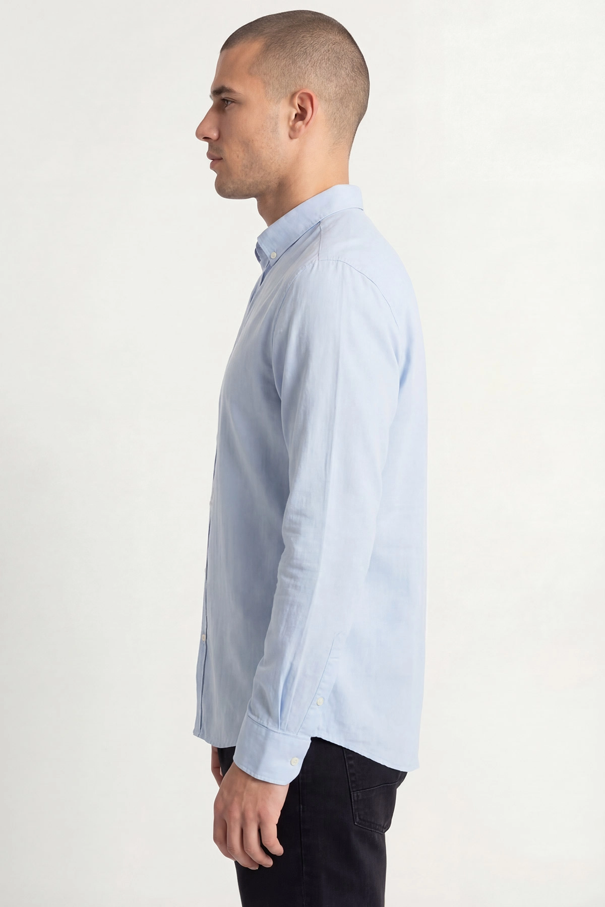 Bebe Mavisi Relaxed Fit Keten Ata Yaka Erkek Gömlek 445669
