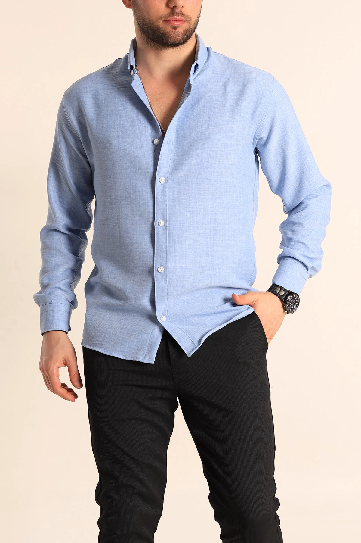 Bebe Mavisi Relaxed Fit Keten Erkek Gömlek 256532