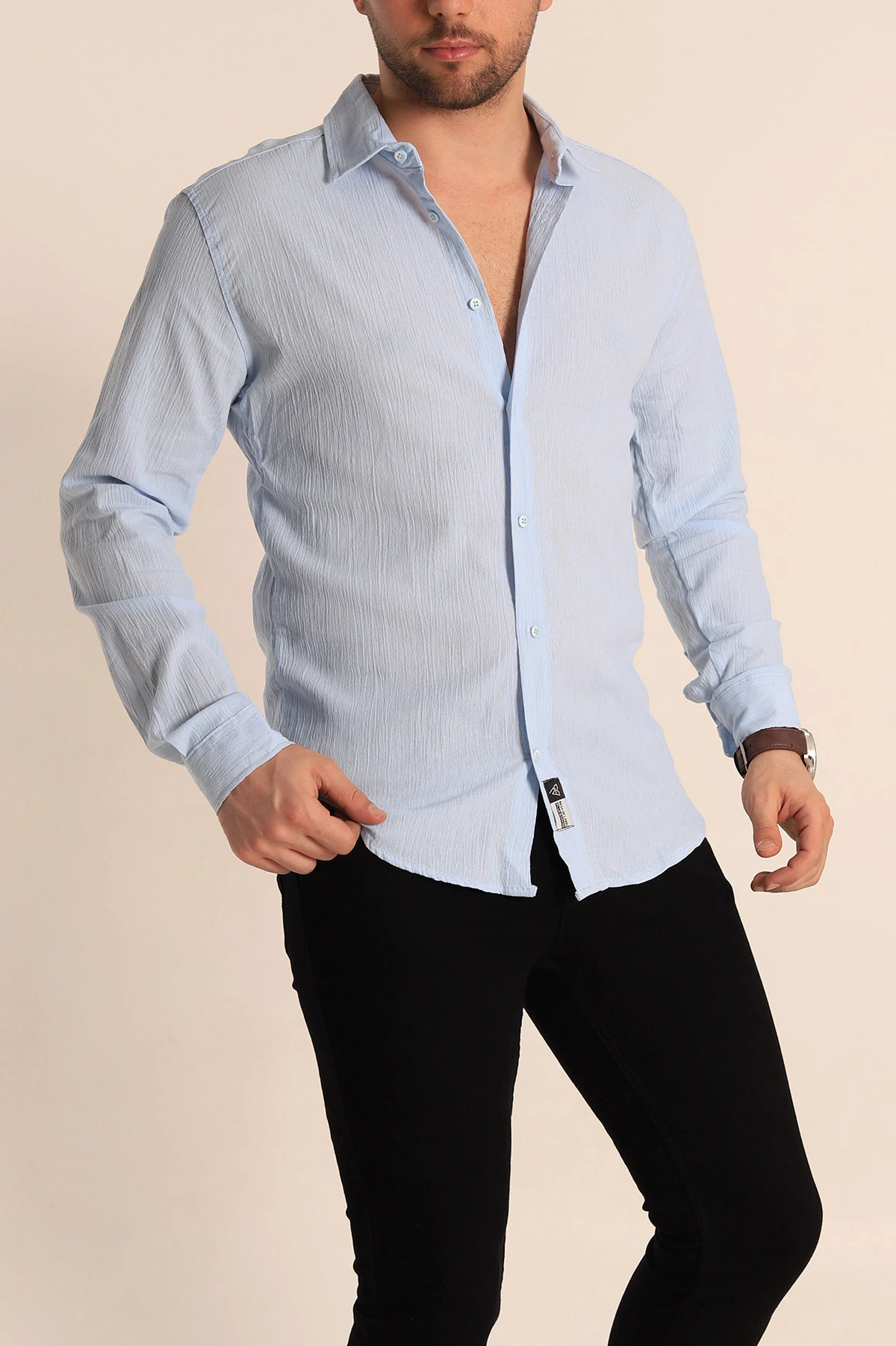 Bebe Mavisi Relaxed Fit Kırınkıl Keten Erkek Gömlek 256995