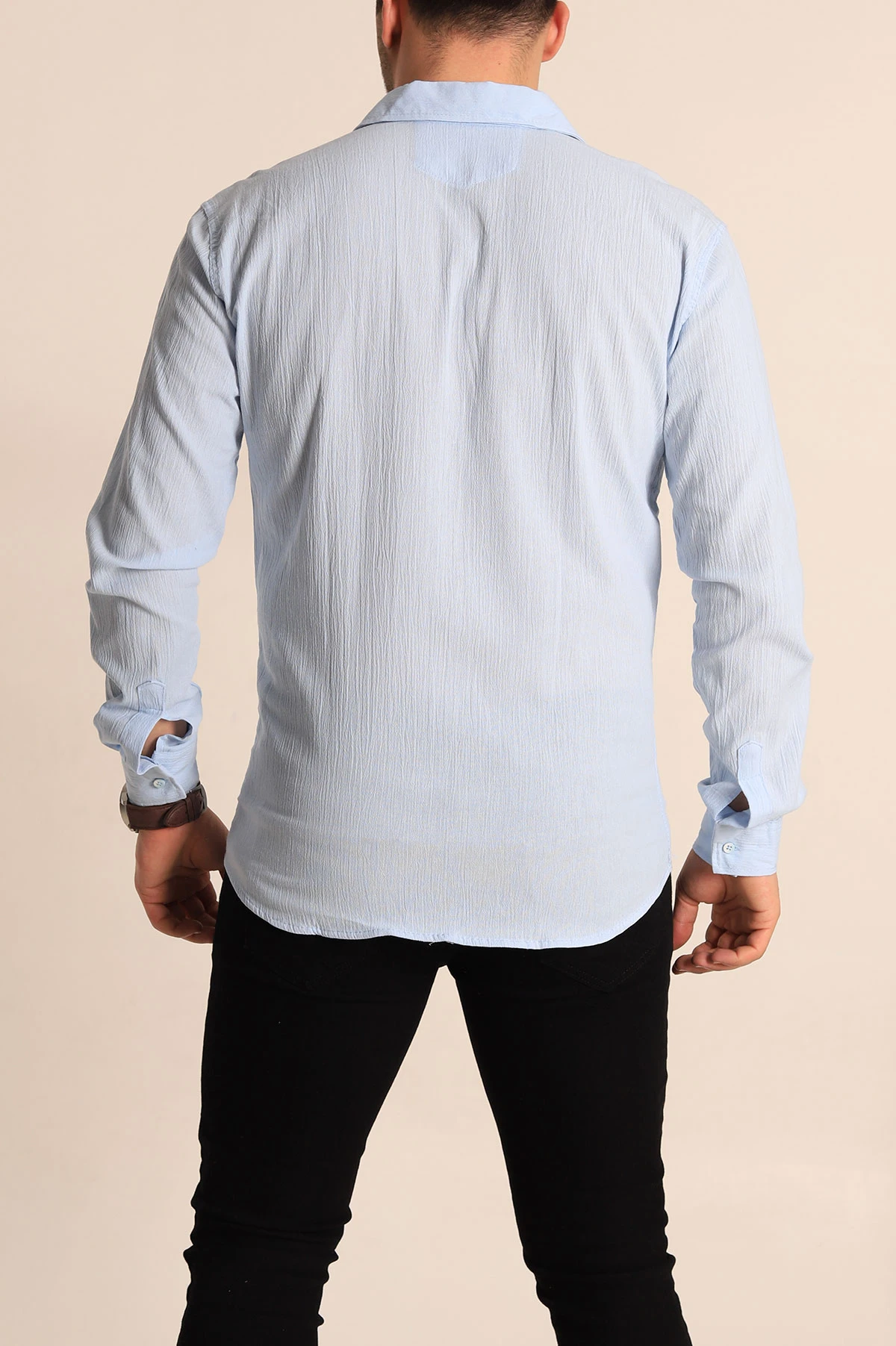 Bebe Mavisi Relaxed Fit Kırınkıl Keten Erkek Gömlek 256995