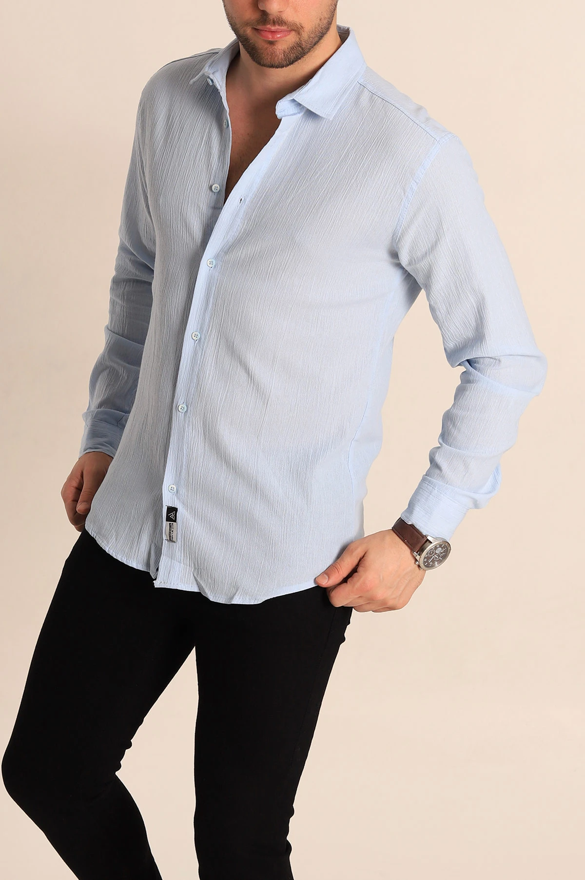 Bebe Mavisi Relaxed Fit Kırınkıl Keten Erkek Gömlek 256995