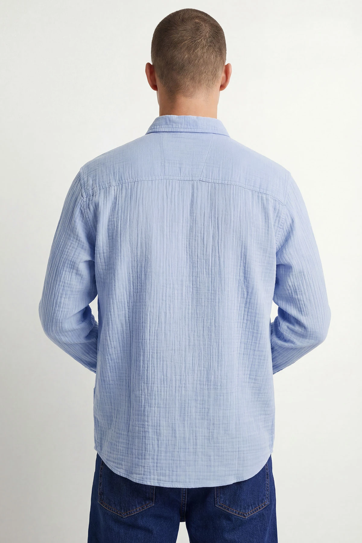 Bebe Mavisi Relaxed Fit Müslin Keten Ata Yaka Erkek Gömlek 435760