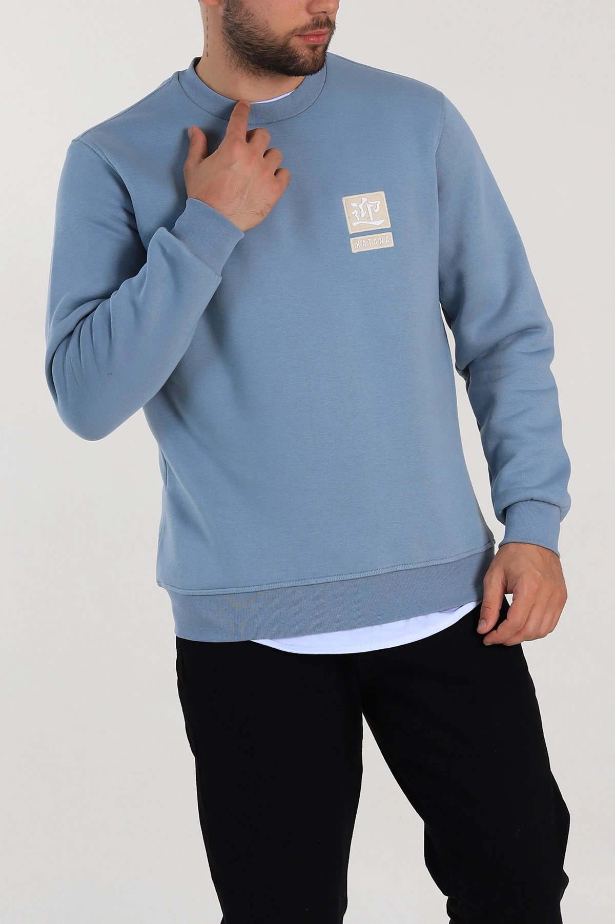 Bebe Mavisi Relaxed Fit Üç İp Şardonlu Kabartma Detaylı Erkek Sweatshirt 309884
