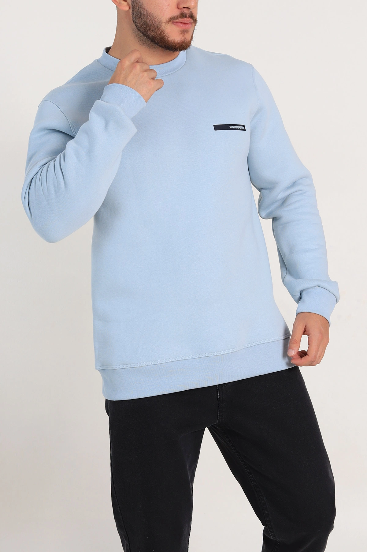 Bebe Mavisi Relaxed Fit Üç İp Şardonlu Kabartma Detaylı Erkek Sweatshirt 309907