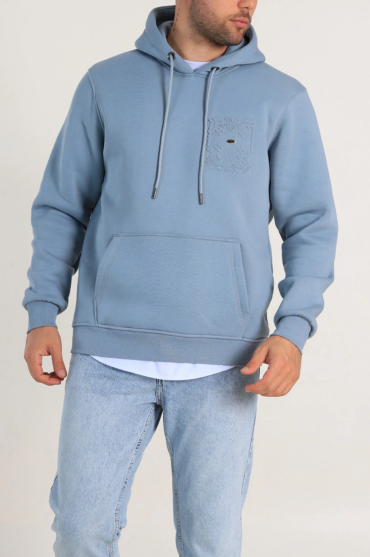 Bebe Mavisi Relaxed Fit Üç İp Şardonlu Kabartma Detaylı Erkek Sweatshirt 311131