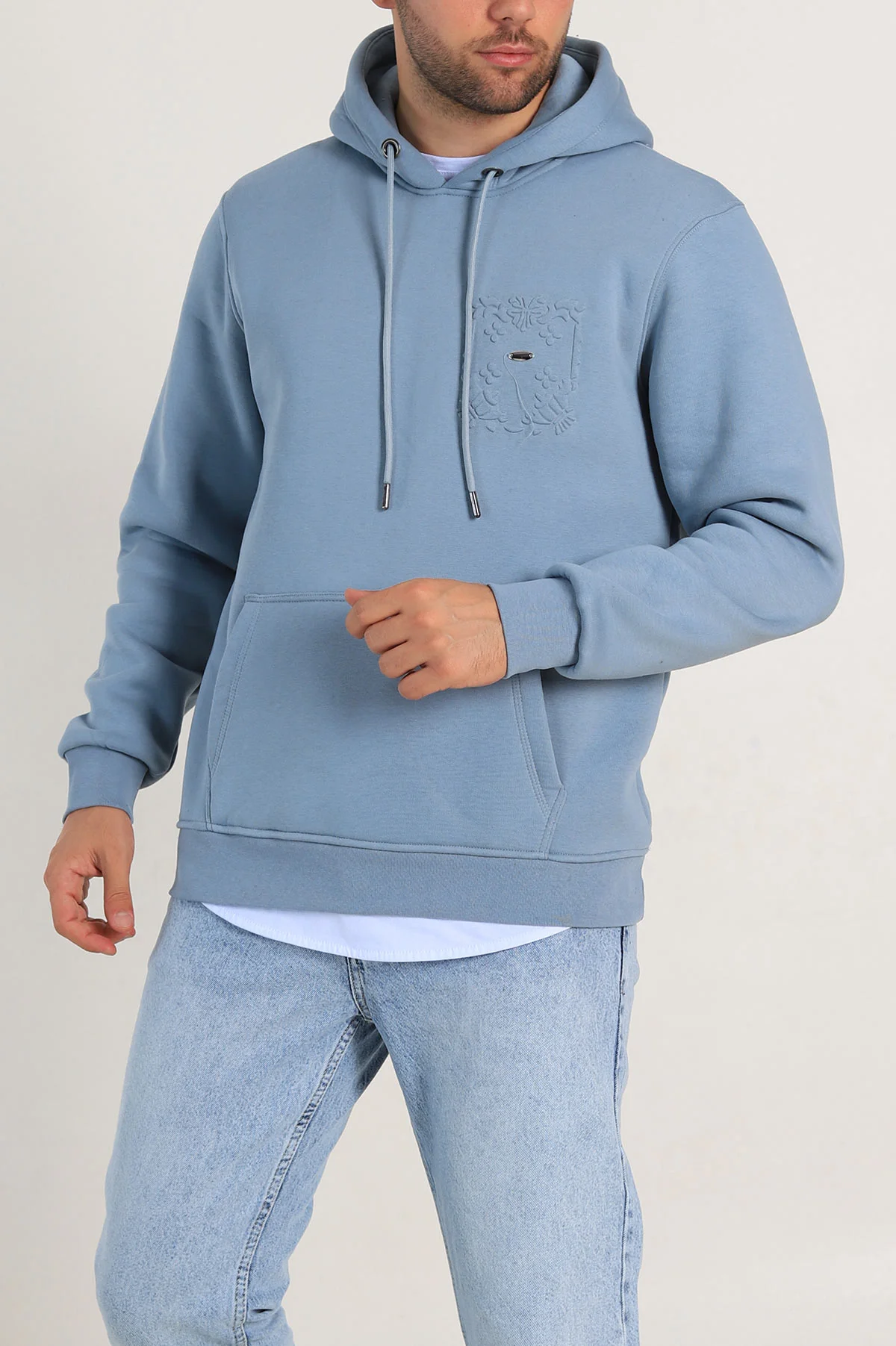 Bebe Mavisi Relaxed Fit Üç İp Şardonlu Kabartma Detaylı Erkek Sweatshirt 311131