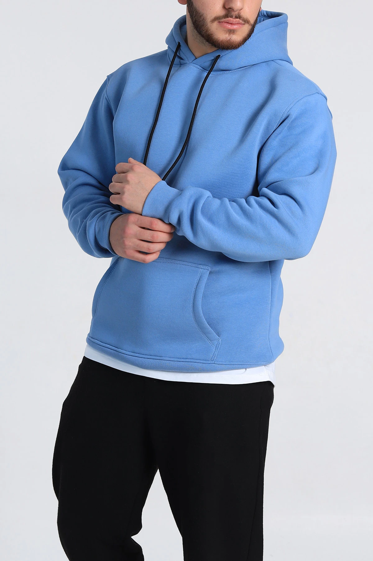 Bebe Mavisi Relaxed Fit Üç İp Şardonlu Kapüşonlu Basic Erkek Sweatshirt 331525