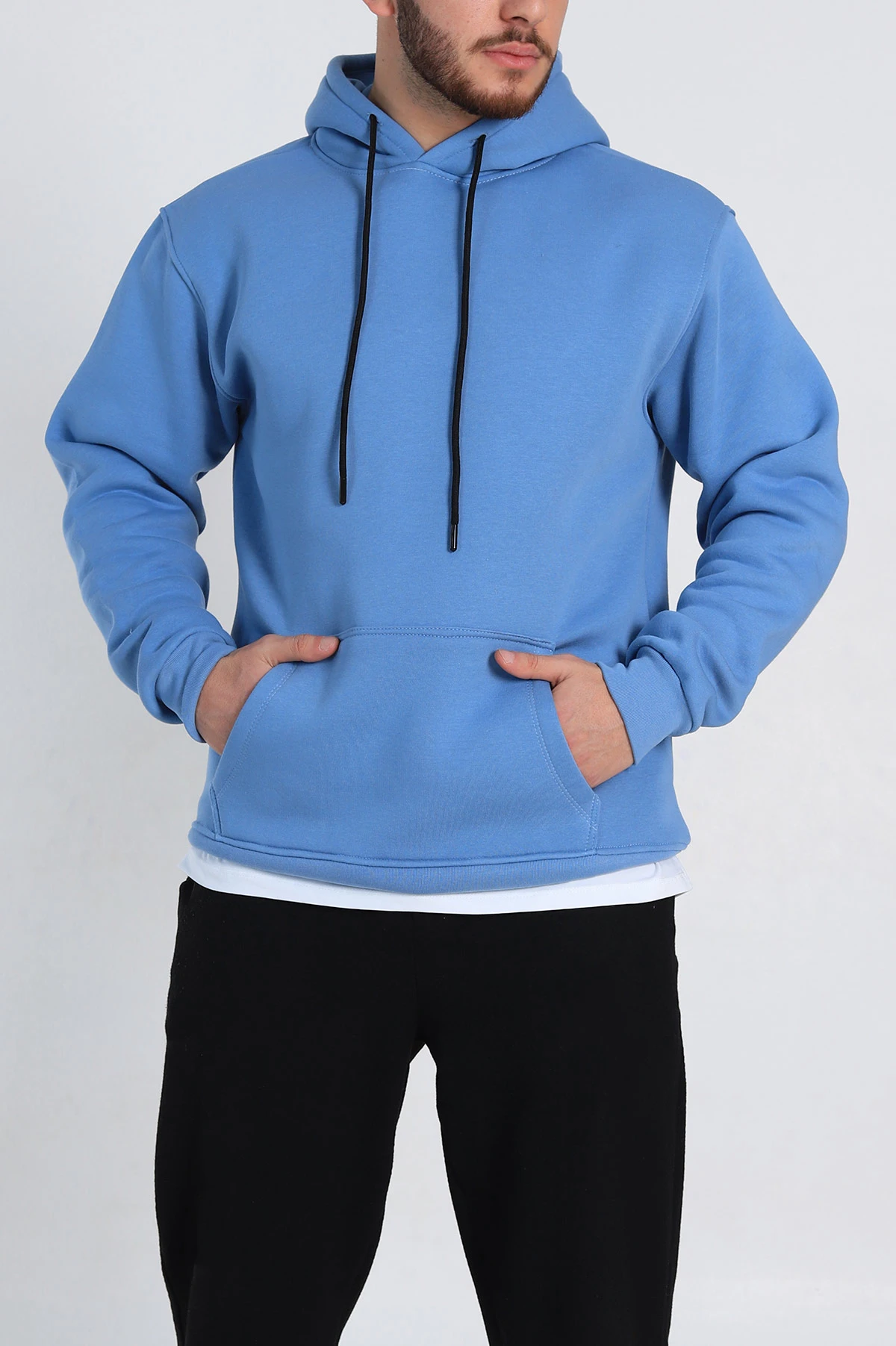 Bebe Mavisi Relaxed Fit Üç İp Şardonlu Kapüşonlu Basic Erkek Sweatshirt 331525