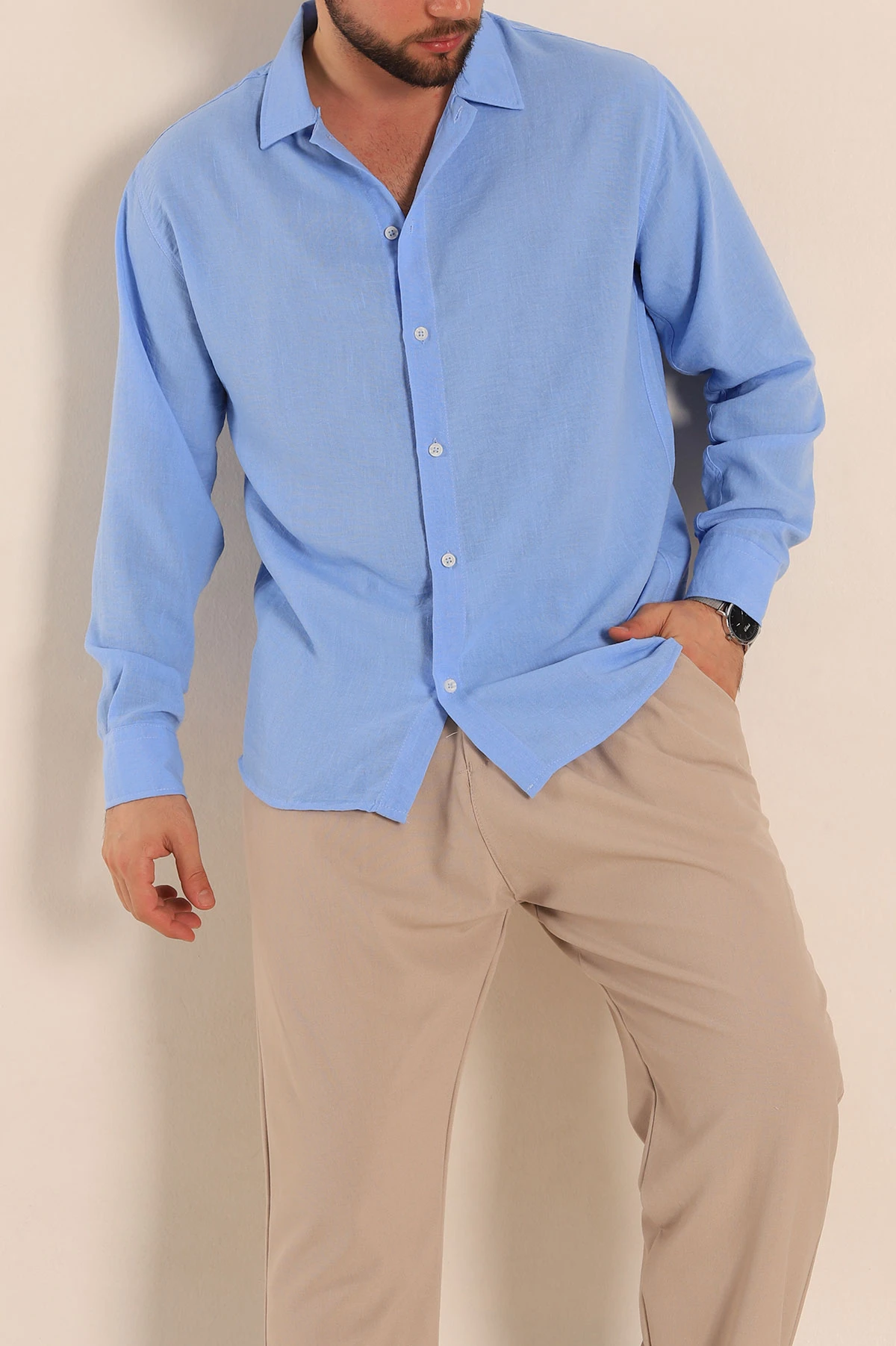 Bebe Mavisi Relaxed Fit Uzun Kollu Keten Erkek Gömlek 275529