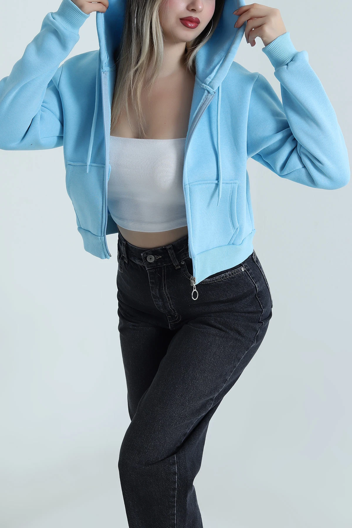 Bebe Mavisi Şardonlu Üç İp Fermuarlı Kadın Sweat 487725