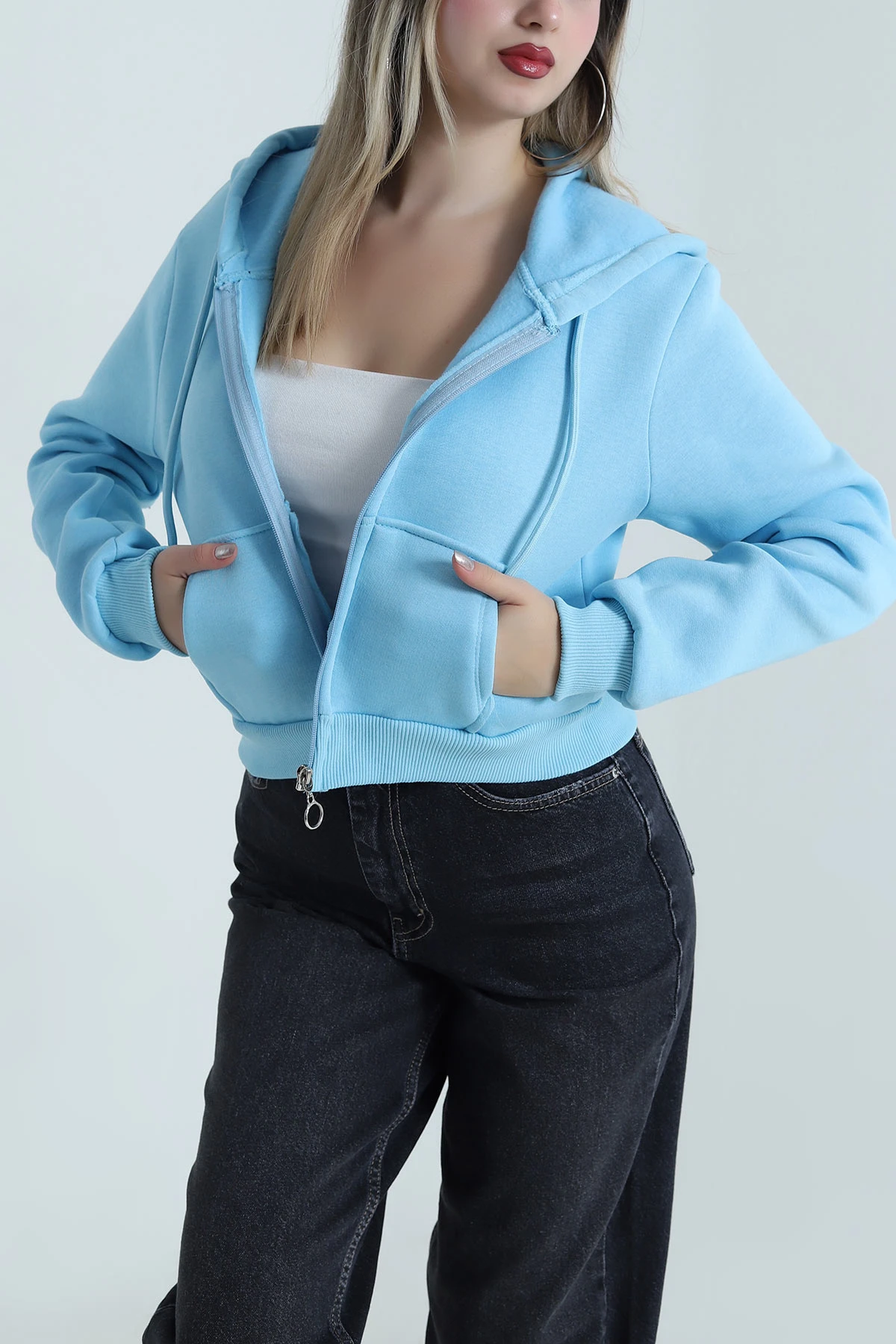 Bebe Mavisi Şardonlu Üç İp Fermuarlı Kadın Sweat 487725