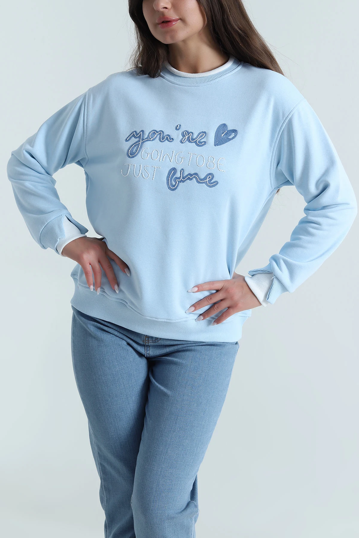 Bebe Mavisi Şardonsuz Üç İp Nakışlı Kadın Sweat 489979