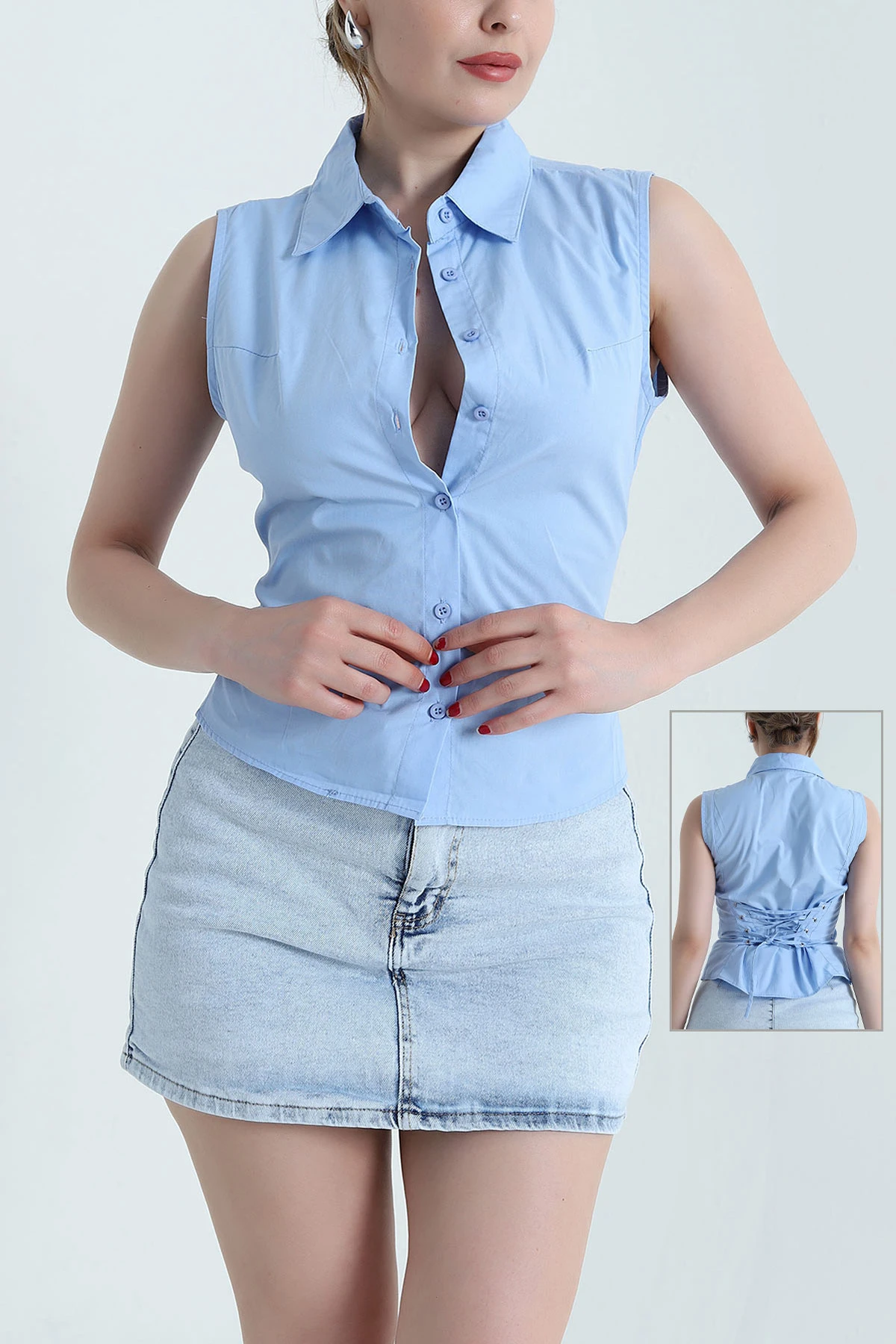 Bebe Mavisi Sırt Bağcıklı Poplin Kadın Gömlek 467757