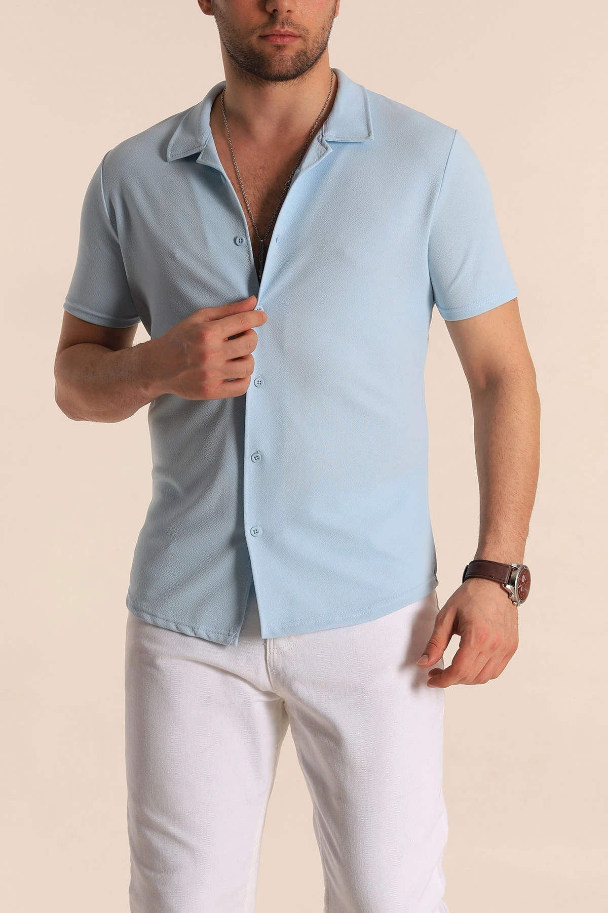 Bebe Mavisi Slim Fit Apaş Yaka Erkek Krep Gömlek 260931