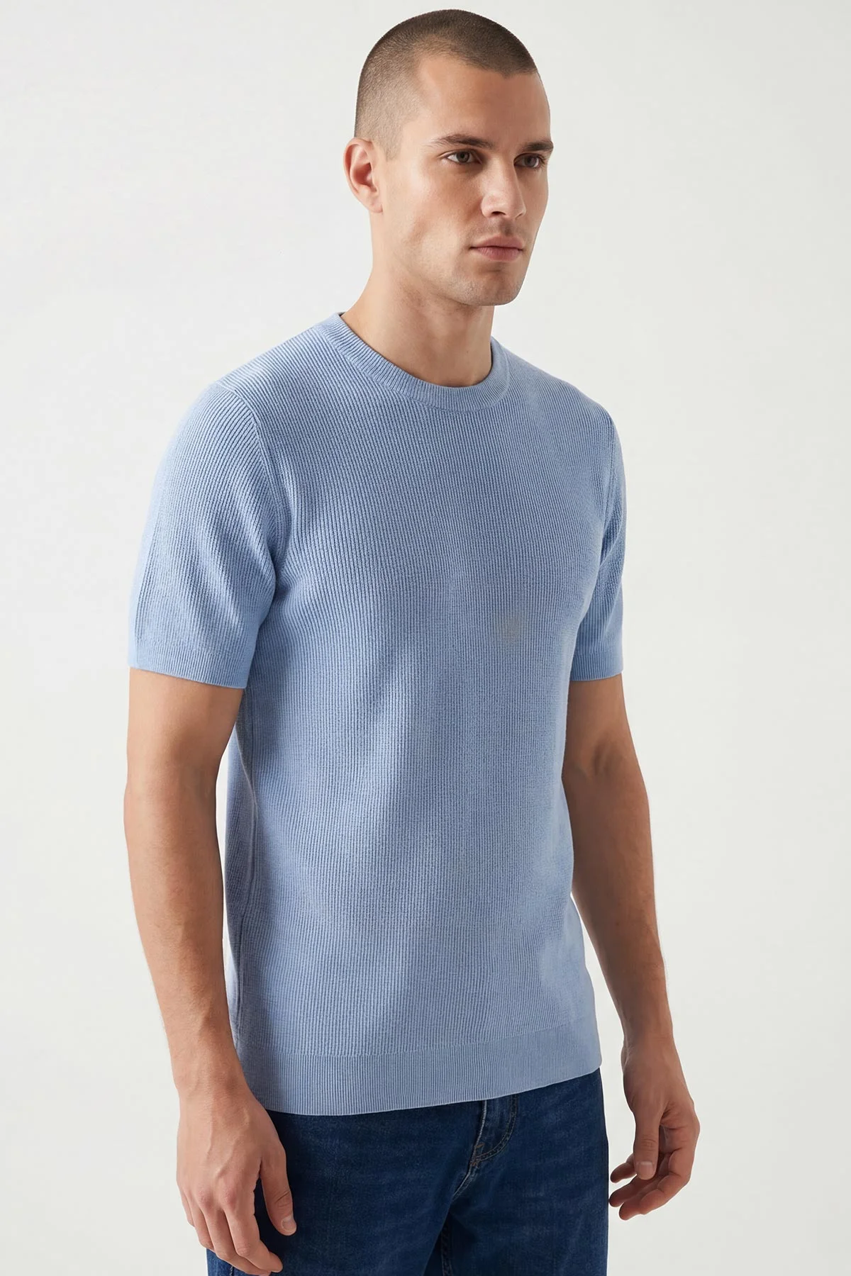 Bebe Mavisi Slim Fit Bisiklet Yaka Triko Erkek Tişört 449046