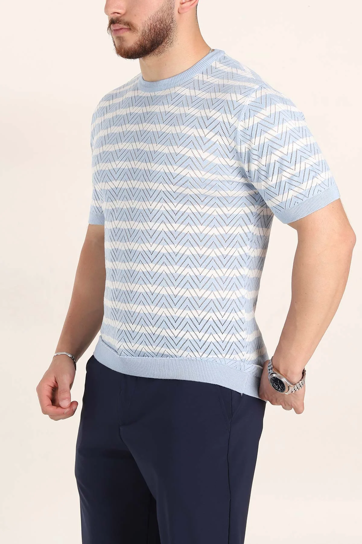 Bebe Mavisi Slim Fit Çizgili Bisiklet Yaka Erkek Triko Tişört 358314