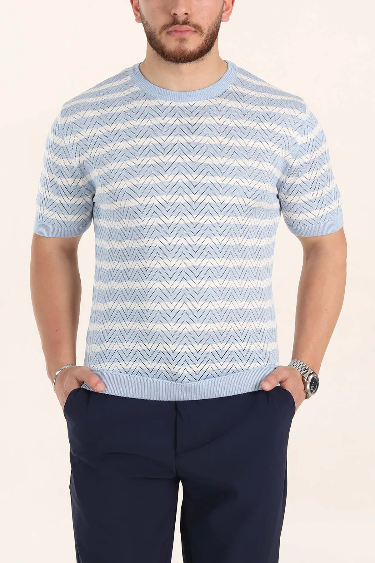 Bebe Mavisi Slim Fit Çizgili Bisiklet Yaka Erkek Triko Tişört 358314
