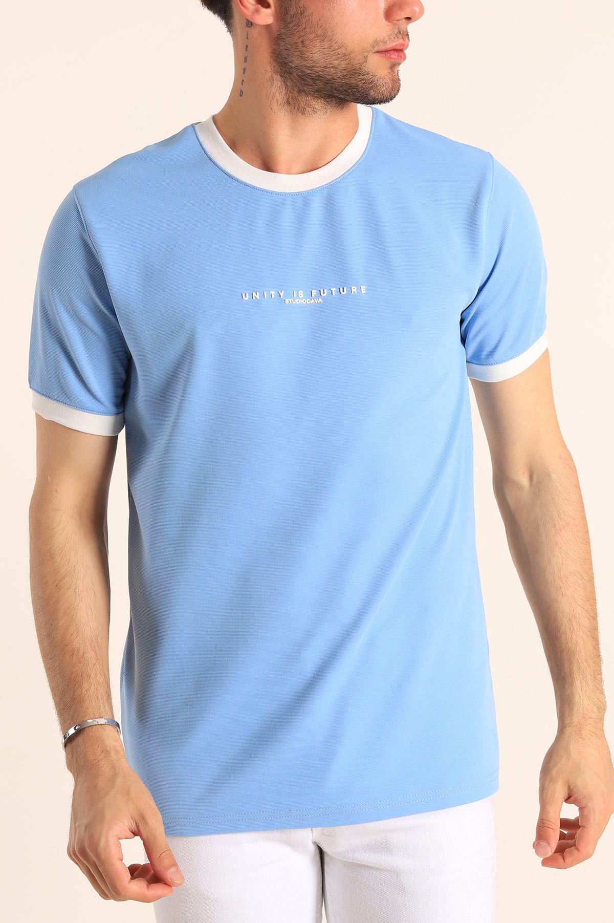 Bebe Mavisi Slim Fit Kabartma Yazılı Erkek Tişört 186802