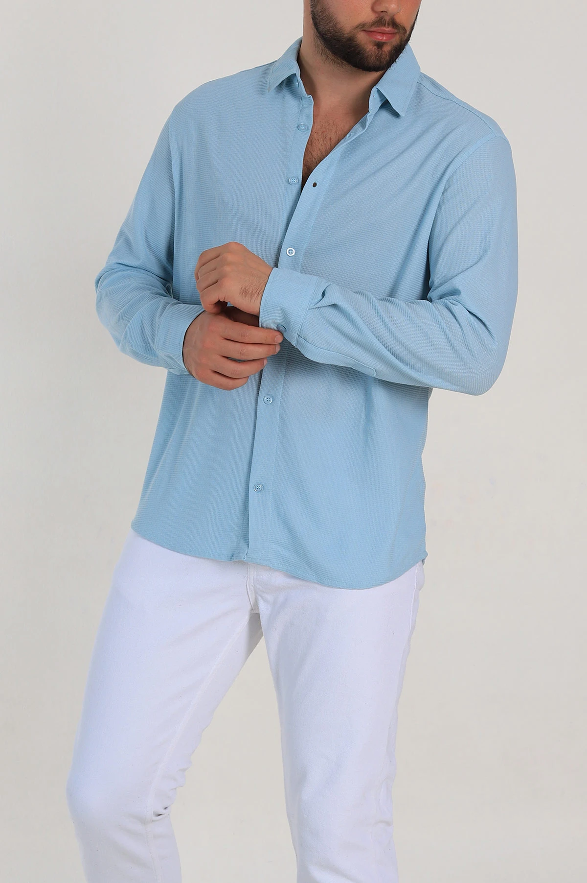 Bebe Mavisi Slim Fit Petek Dokulu Uzun Kollu Erkek Gömlek 325219