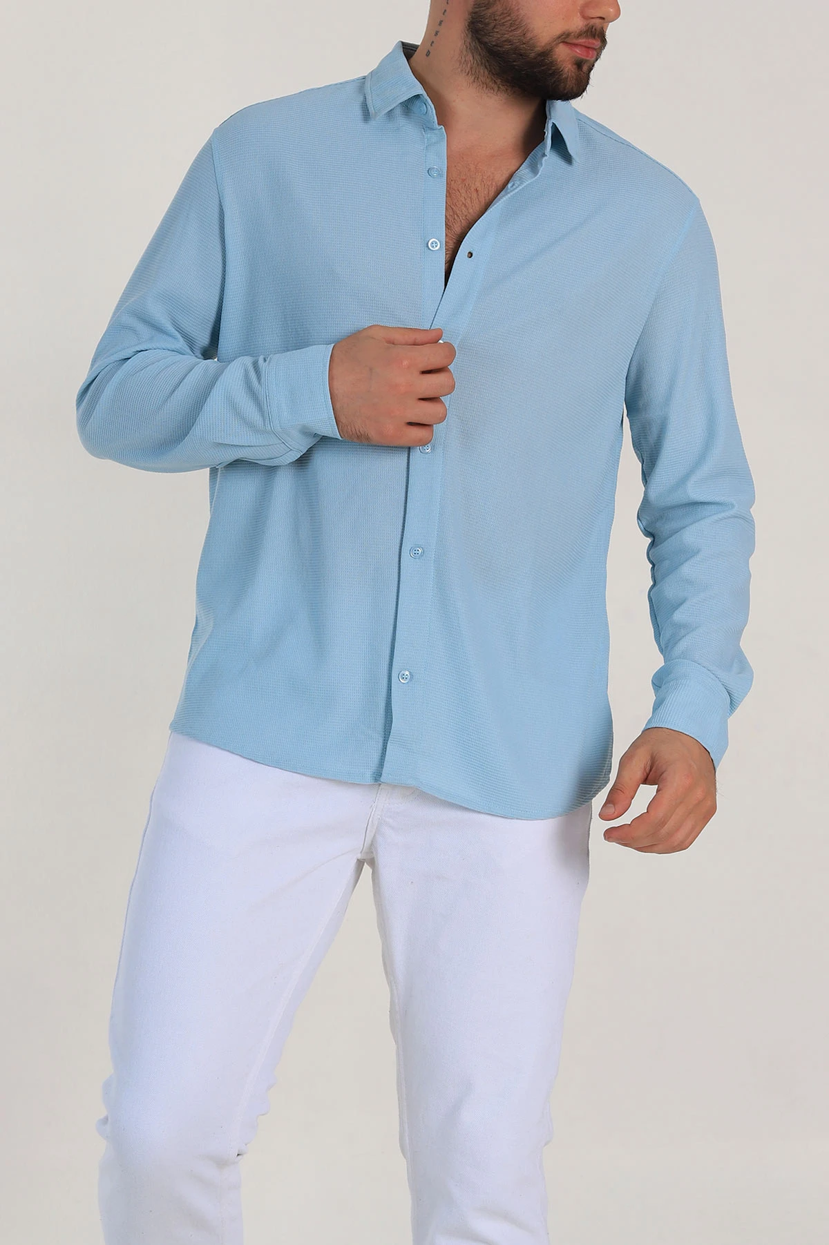 Bebe Mavisi Slim Fit Petek Dokulu Uzun Kollu Erkek Gömlek 325219